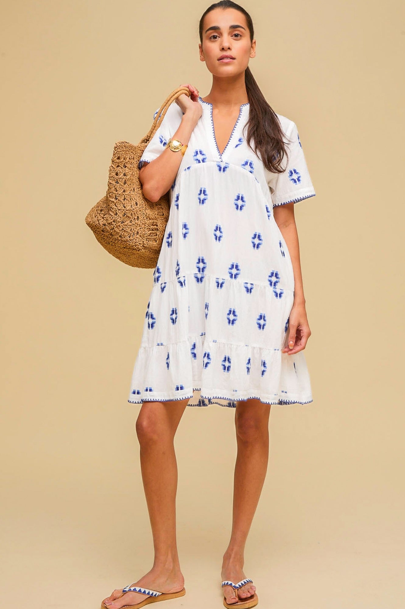 Handmade Indian Embroidered Organic Cotton Dress for Women - Breathable Summer Maxi Dress in White & Blue | Perfect for Beach Vacations, Boho Festivals & Casual Outings