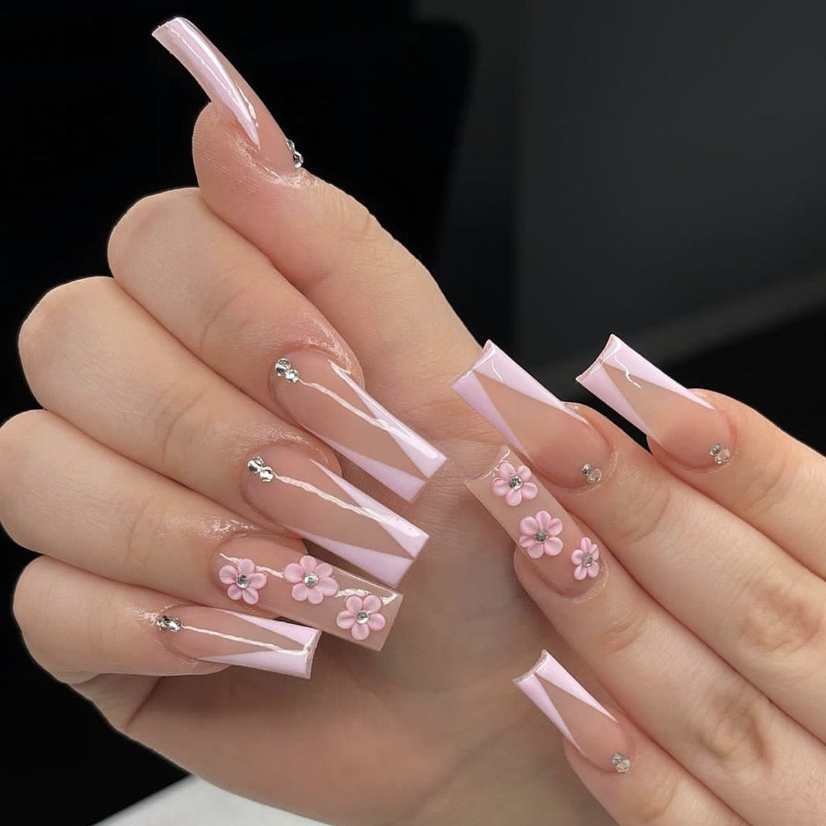 24pcs XL Ballerina Flower Press-On Nails with Detachable Designs - Full Cover French Fake Nails Set with Diamond Decorations for Parties, Weddings & Special Occasions