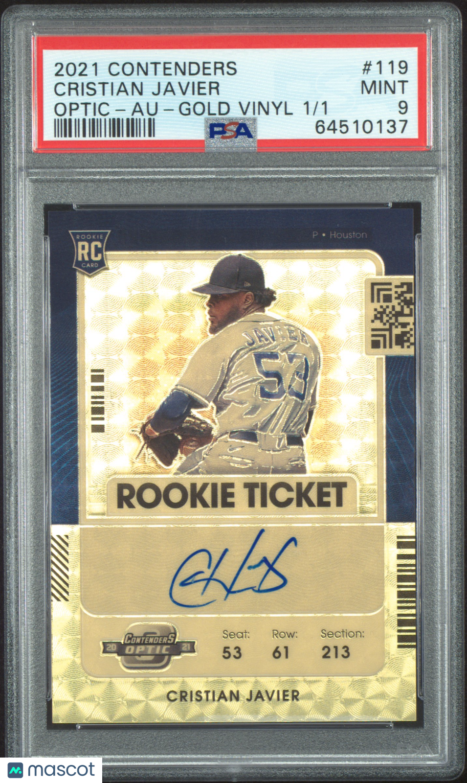 2021 Panini Optic Contenders Cristian Javier Auto Gold Vinyl 1/1 #119 PSA 9 - Rare Baseball Trading Card for Collectors & Investors - Perfect for Display, Trading, and Sports Memorabilia Collections