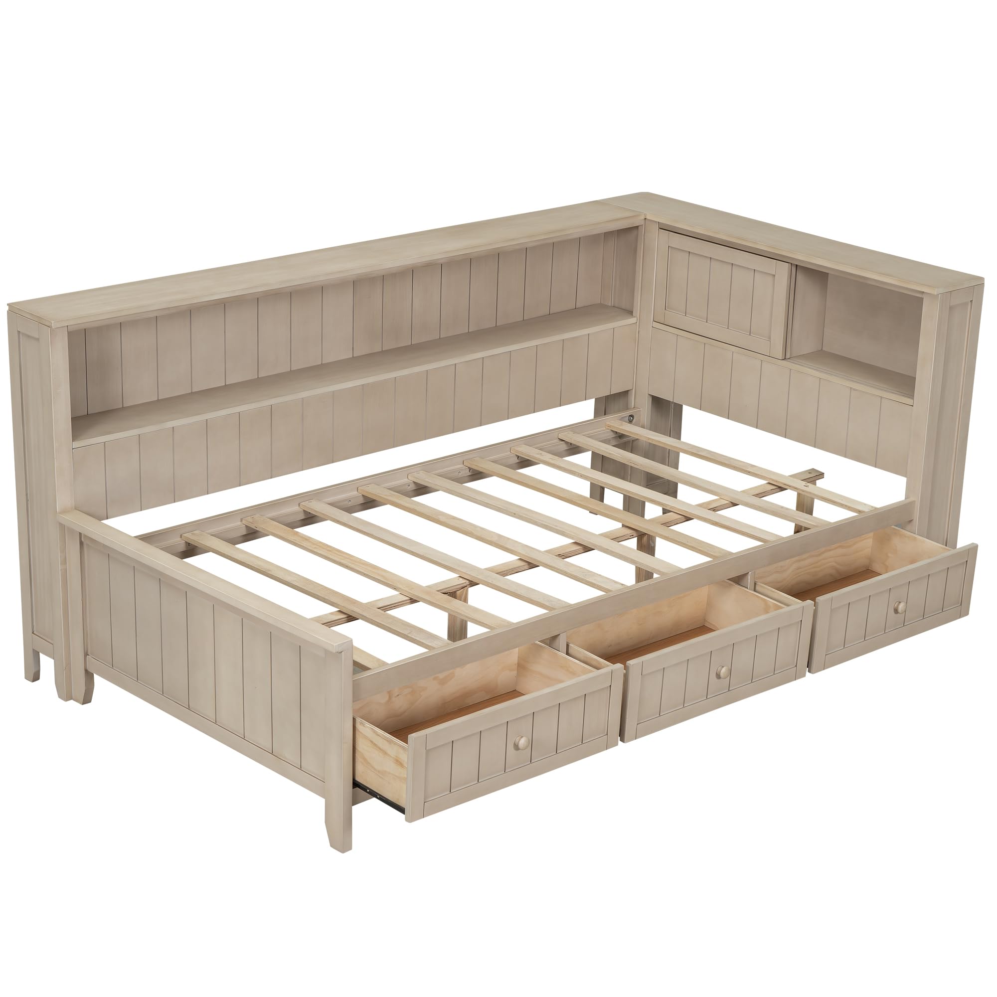 HABITRIO Twin Size Daybed Frame with Storage Shelves & 3 Drawers - Solid Wood Platform Bed with Antique White Finish - Perfect for Guest Rooms, Kids' Bedrooms & Small Spaces