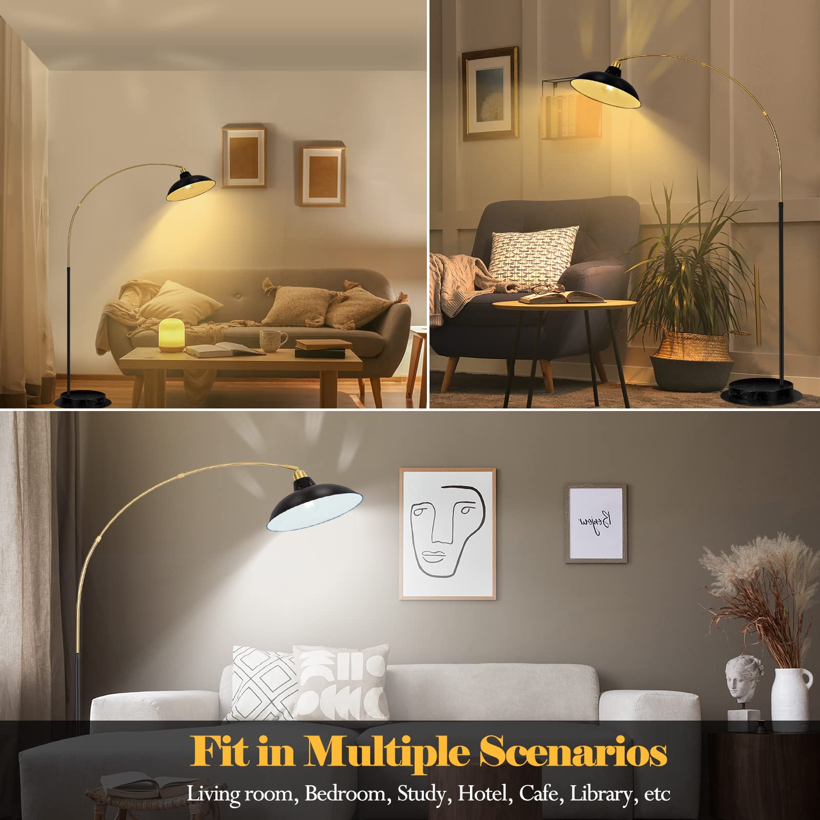 360° Rotatable Industrial Arc Floor Lamp with Marble Base - Black Gold Standing Lamp for Living Room, Bedroom, Office | Reading Light for Couch, Sofa & Desk | Modern Tall Metal Lamp for Home Decor