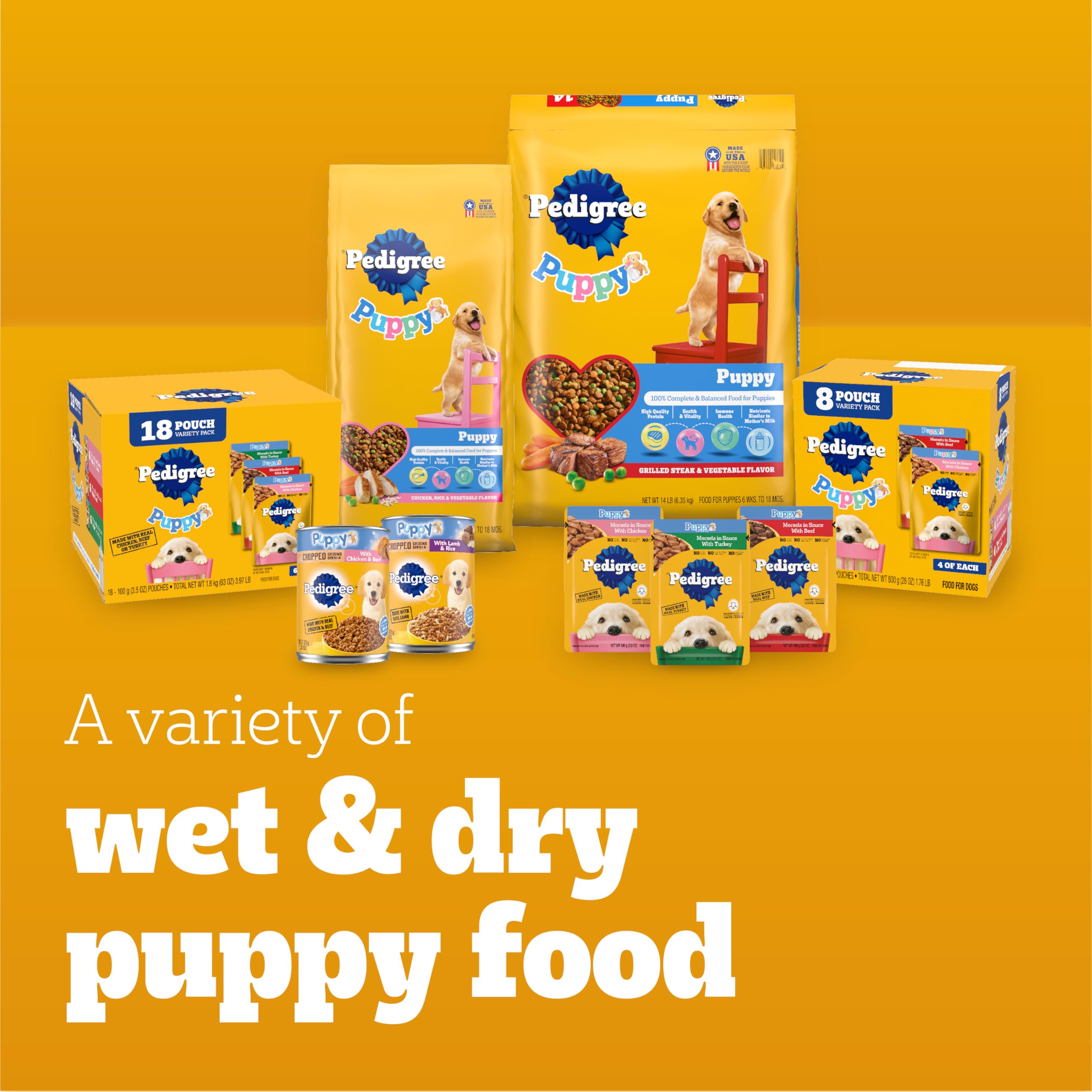 Pedigree Puppy Soft Wet Dog Food Variety Pack - 8 Pouches (3.5 oz Each) - 2-Pack for Small & Medium Breed Puppies - Perfect for Training, Travel & Mealtime Rewards