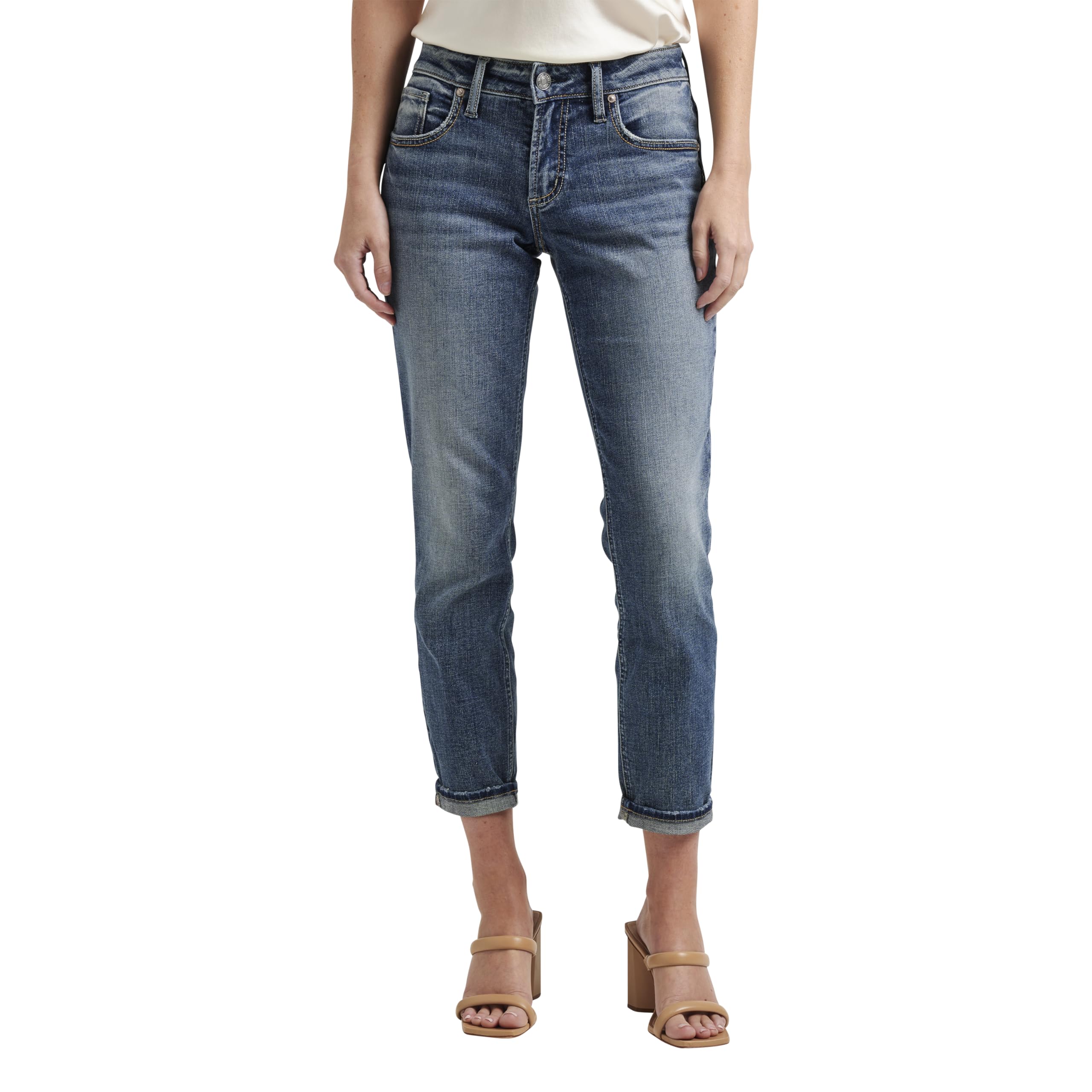 Silver Jeans Co. Women's Boyfriend Mid Rise Slim Leg Jeans - Comfortable Stretch Denim Pants for Casual Wear & Everyday Outfits