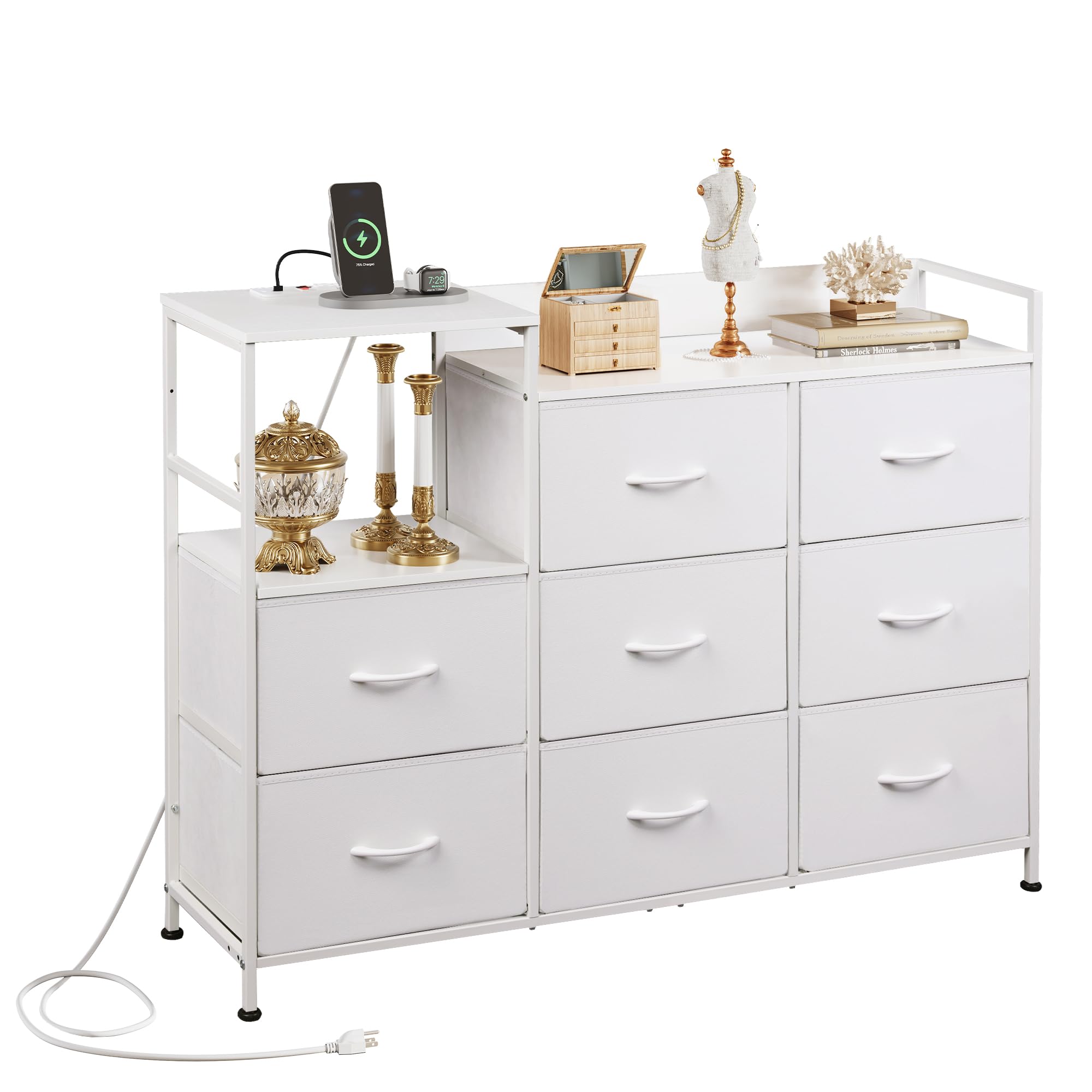 WLIVE White Dresser TV Stand with Charging Station & 8 Drawers - Wood Top Fabric Storage Cabinet for Bedroom, Living Room, Hallway - Perfect for Organizing Clothes, Electronics & Home Decor
