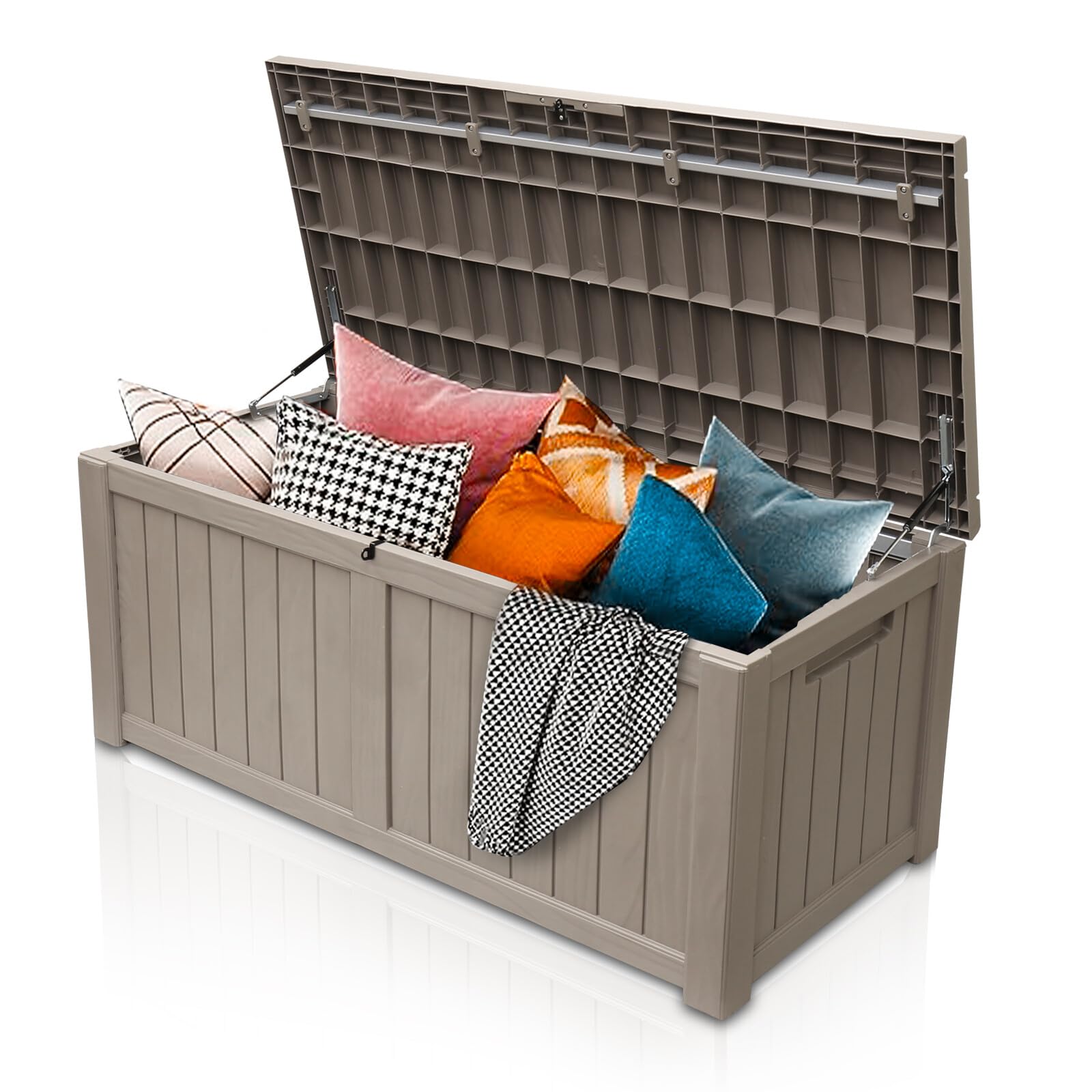 120 Gallon Outdoor Storage Box - Waterproof Resin Deck Box with Lock | Large Patio Storage Container for Furniture, Cushions, Garden Tools & Pool Supplies | Durable Taupe Deck Box for Backyard, Poolside & Garage Organization