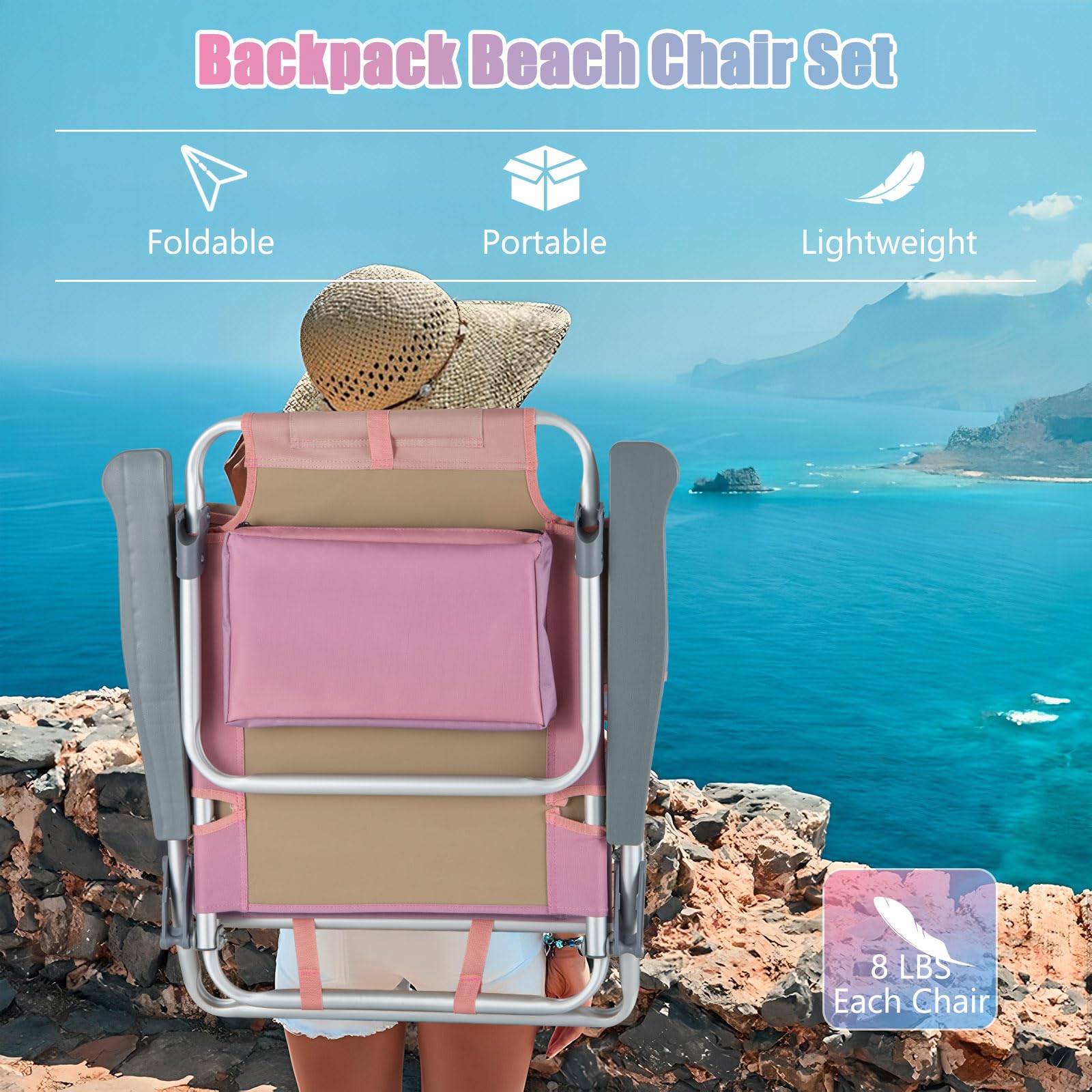GYMAX 2-Pack Portable Beach Chairs with Cooler Bag & Cup Holder - Lightweight Folding Camping Chairs with Armrests, Towel Bar & Side Pockets for Outdoor, Backyard, Pool Party, Beach Sunbathing (Pink)