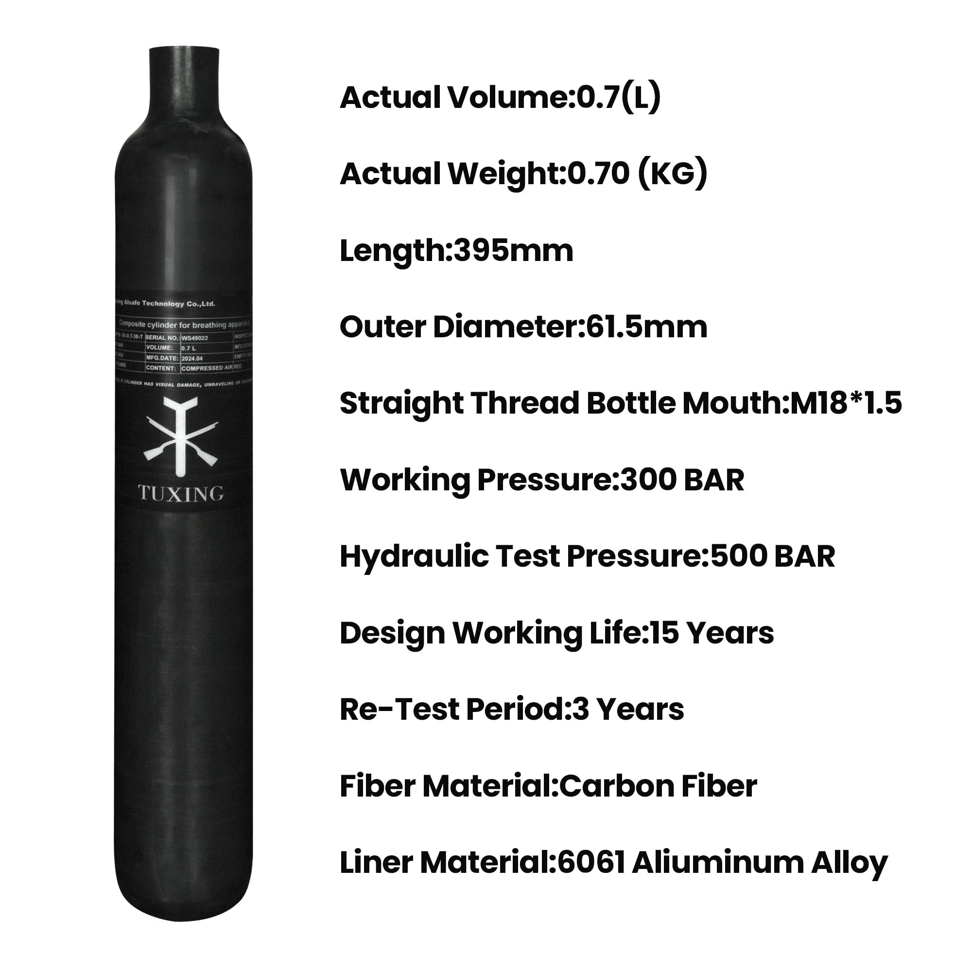 30Mpa 300Bar 4500Psi 0.7L 700cc Carbon Fiber HPA Tank - High Pressure Air Cylinder for PCP Air Rifles, Paintball Guns, Hunting | FX & Daystate Thread M18x1.5 | Perfect for Outdoor Sports & Tactical Shooting