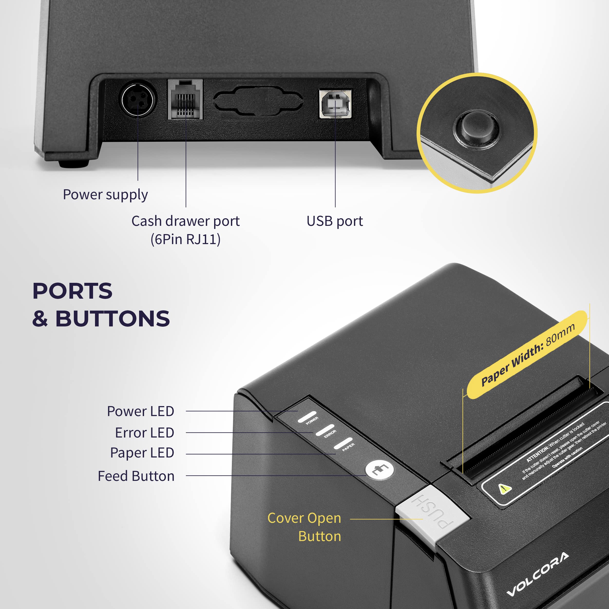 Volcora 80mm Thermal Receipt Printer with Auto Cutter - USB/Bluetooth POS Printer for Windows, Mac, Linux - ESC/POS Compatible for Cash Drawer - High-Speed Kitchen & Retail Receipt Printer - Wall Mountable (Black) - Perfect for Restaurants, Retail Stores, and Small Businesses
