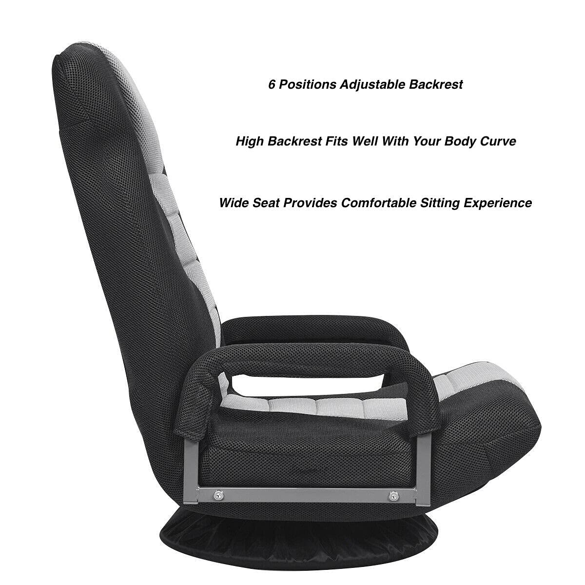 Ergonomic Grey Video Gaming Chair with 6 Adjustable Backrest Positions & 360° Swivel Base - Foldable Floor Chaise Lounge with Iron Frame for PC Gaming, Console Gaming, Home Theater, Reading & Relaxing - Perfect for Gamers, Movie Lovers & Home Office Use