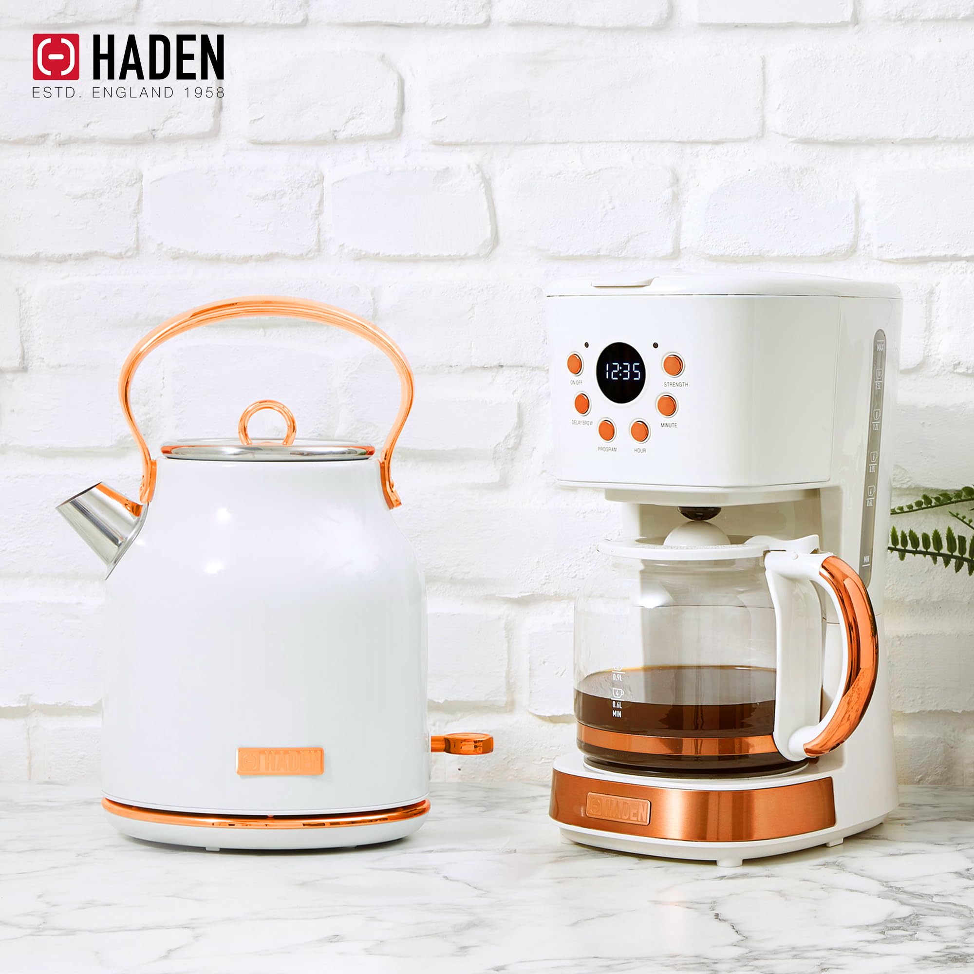 HADEN 12 Cup Drip Coffee Maker with 1.7L Stainless Steel Electric Kettle Set - Ivory & Copper Heritage Style for Home, Office & Kitchen Use