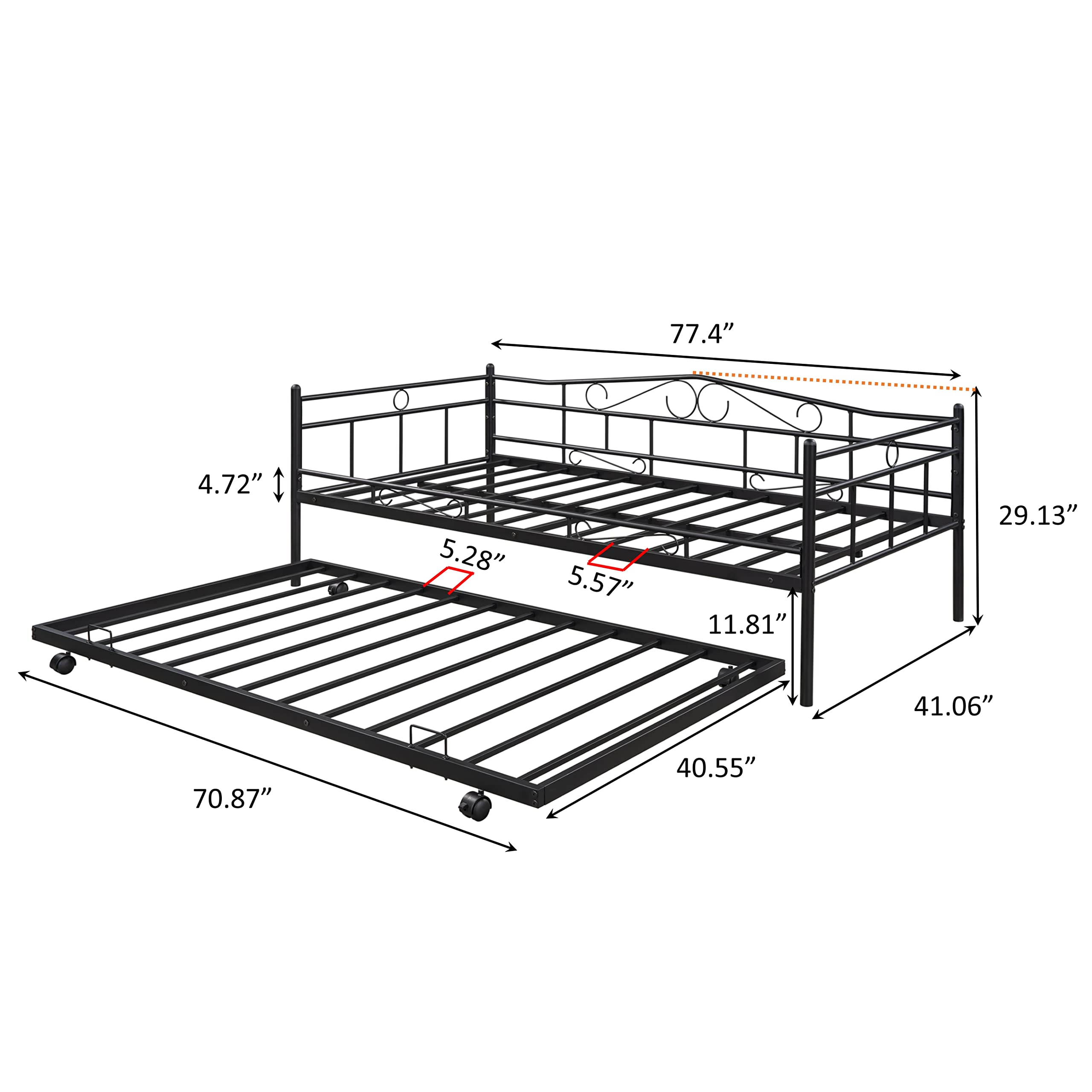 Twin Size Metal Frame Daybed with Pull-Out Trundle - Sturdy Sleeper Sofa for Teens & Adults - Perfect for Living Rooms, Guest Rooms & Small Spaces (Black)