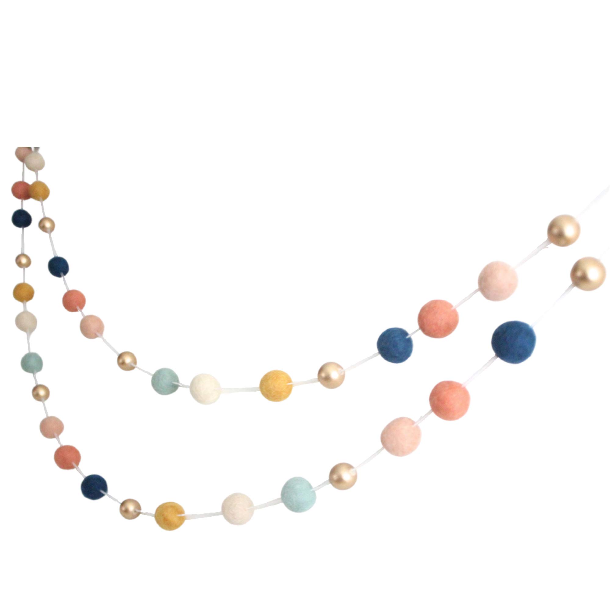 Handmade Wool Felt Ball Garland - Navy, Coral, Peach, Mustard, Cream & Gold Pom Pom Decor (2.5cm) | Natural Sheep Farm Felt & Wood Beads | Perfect for Nursery, Wedding, Christmas Tree & Boho Home Decor