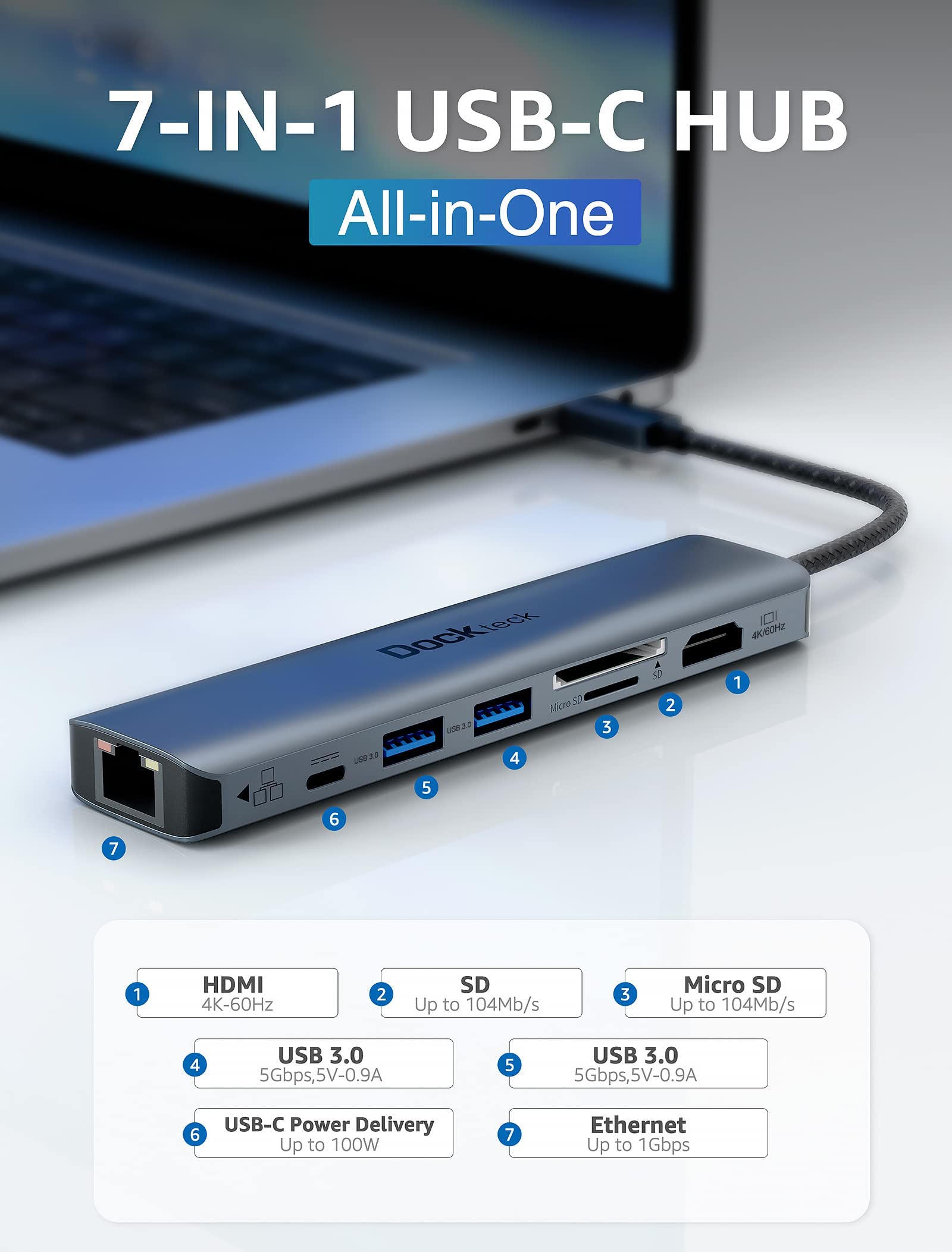 Dockteck 7-in-1 USB C Hub with 4K@60Hz HDMI & 5-in-1 USB-C Adapter - Aluminum Portable Laptop Docking Station for MacBook Pro/Air, iPad Pro, Dell XPS - Perfect for Home Office, Travel & Multi-Screen Setup