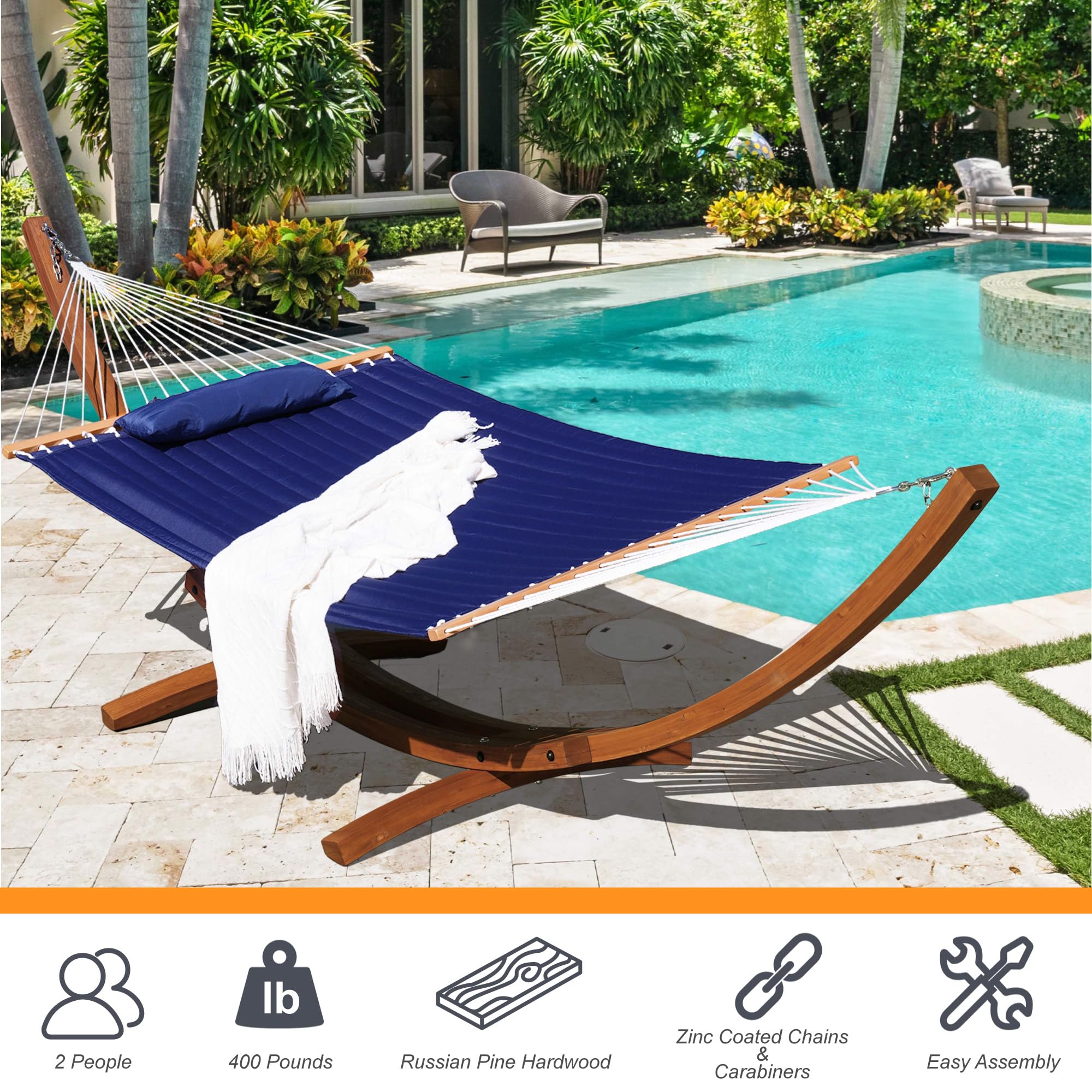 12 FT Outdoor Arc Wood Hammock Stand for 2 Person - Russian Pine Hardwood with Carabiners & Chains - 450lb Capacity - Perfect for Patio, Garden, Yard & Poolside Relaxation (Brown)