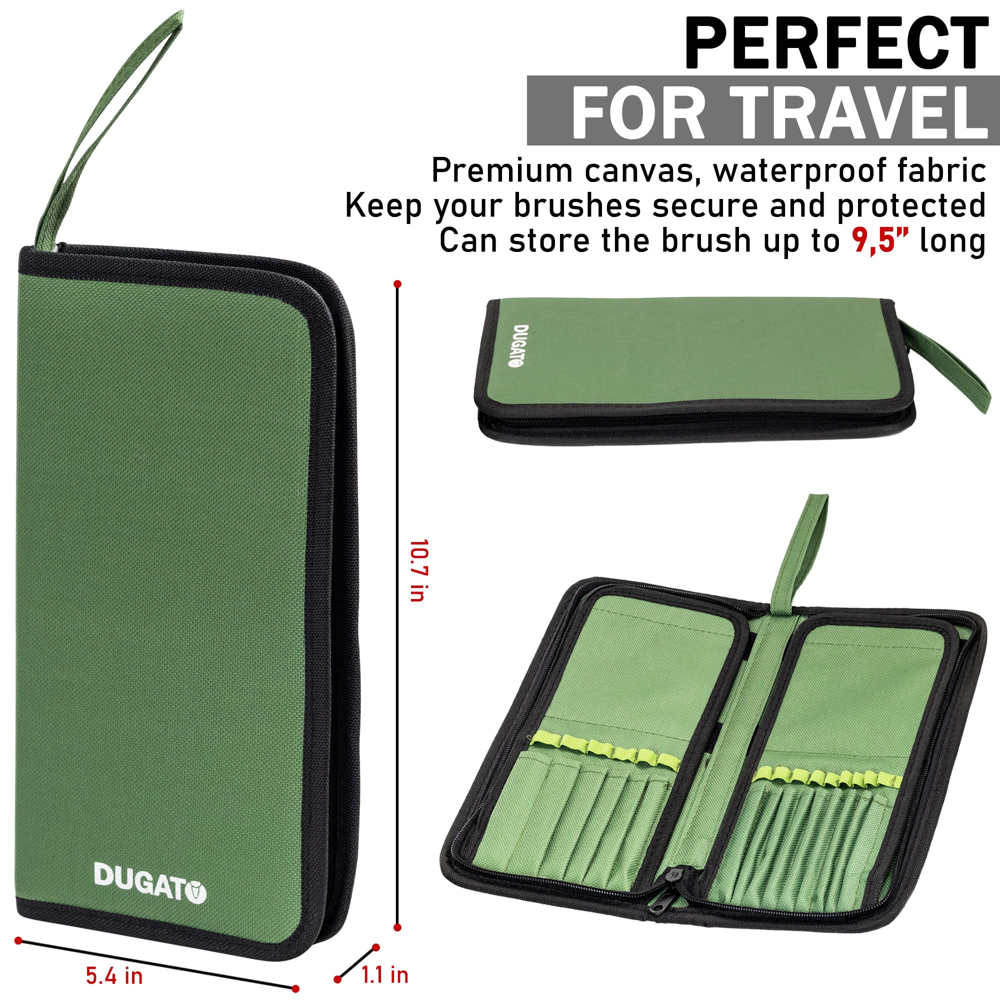 DUGATO Green Canvas Paint Brush Holder & Organizer - 15 Slot Artist Brush Carrying Case for Brushes up to 9.3 Inches (5.4x10.7 Inches) - Perfect for Watercolor, Acrylic & Oil Painting Supplies Storage (Brushes Not Included)