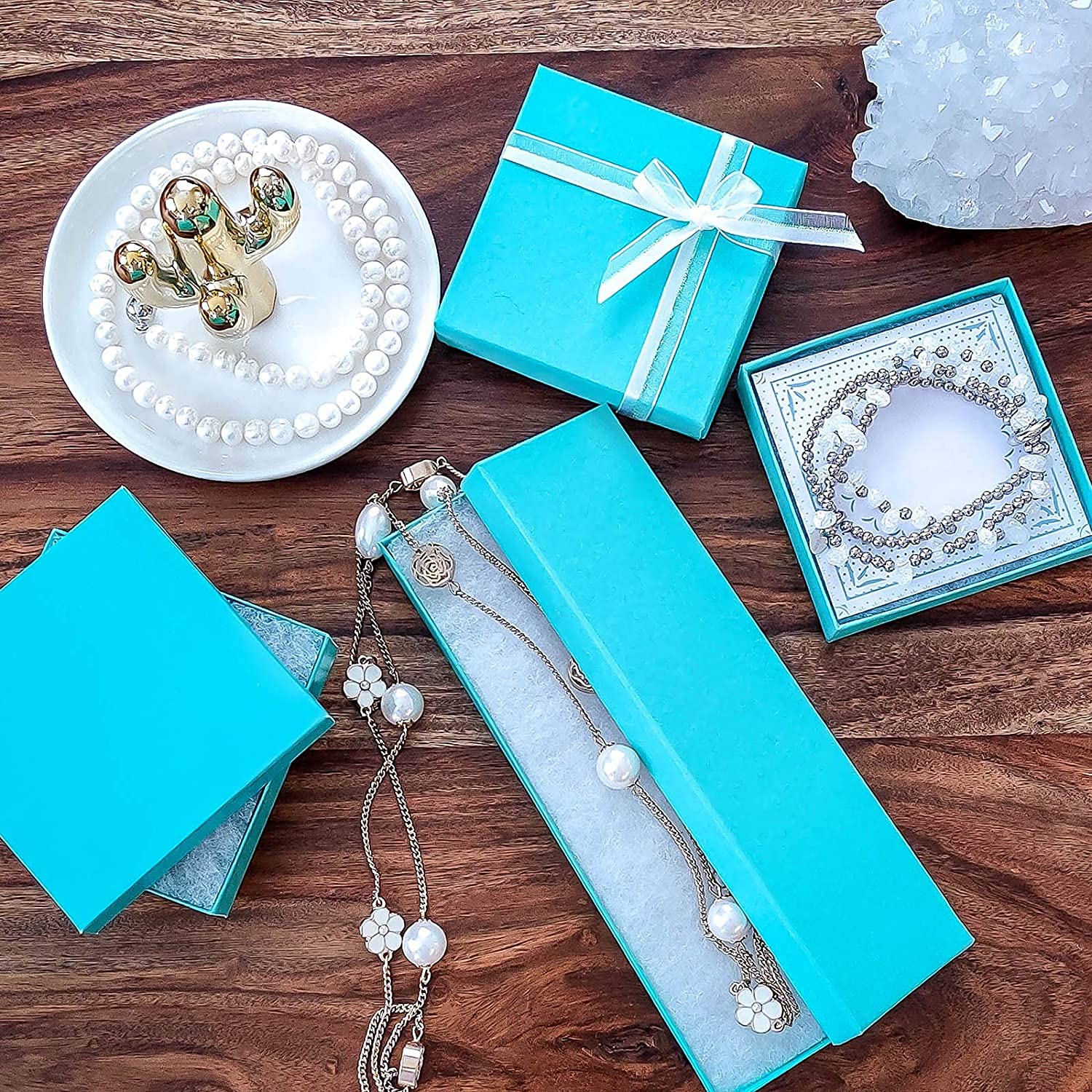 TheDisplayGuys - 100-Pack #99 Cotton Filled Cardboard Jewelry Gift Boxes (5 Sizes Assortment) - Teal Green - Perfect for Jewelry Storage, Shipping, and Retail Display