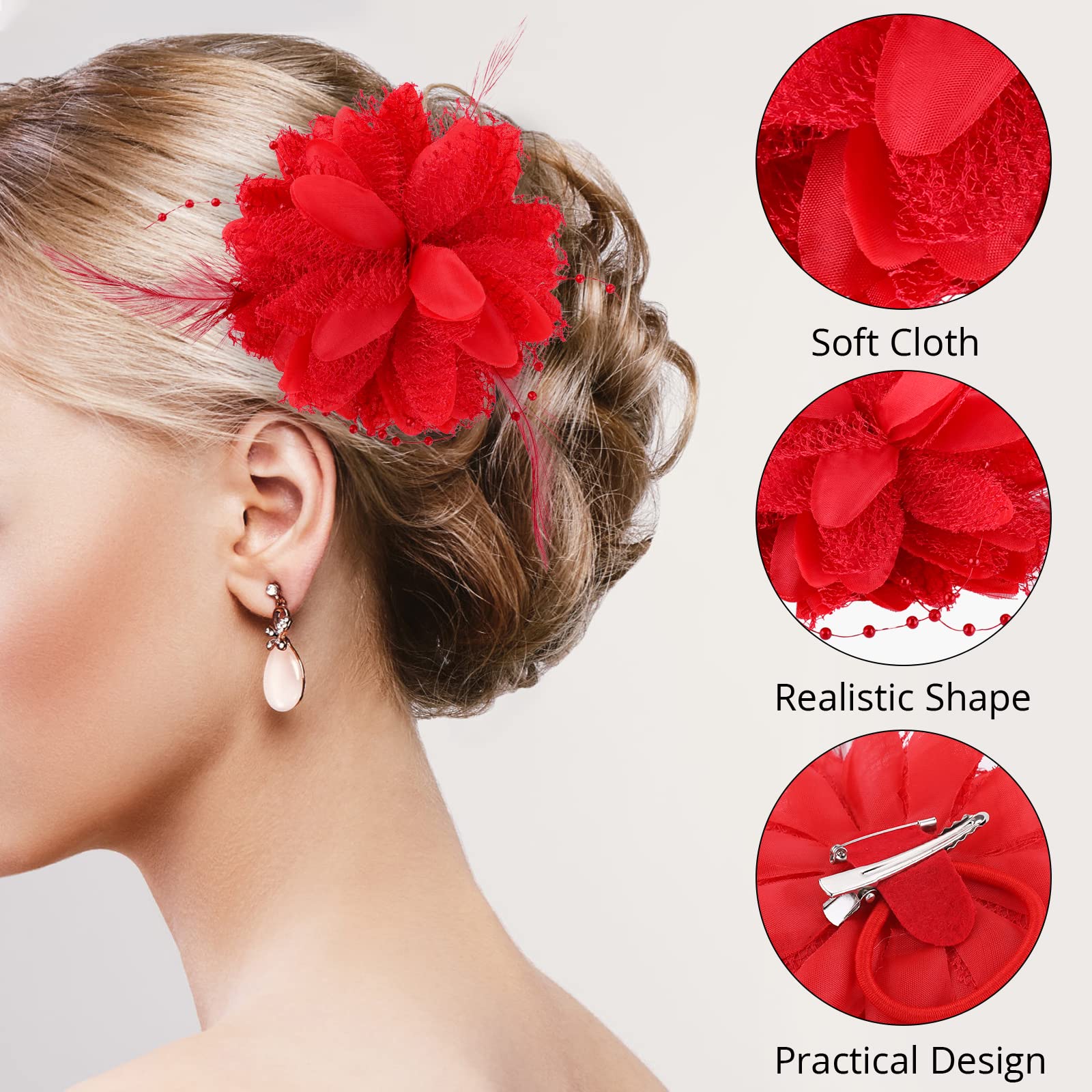 Rose Hair Clips for Women - Floral Hair Accessories for Wedding, Party & Travel (Red)
