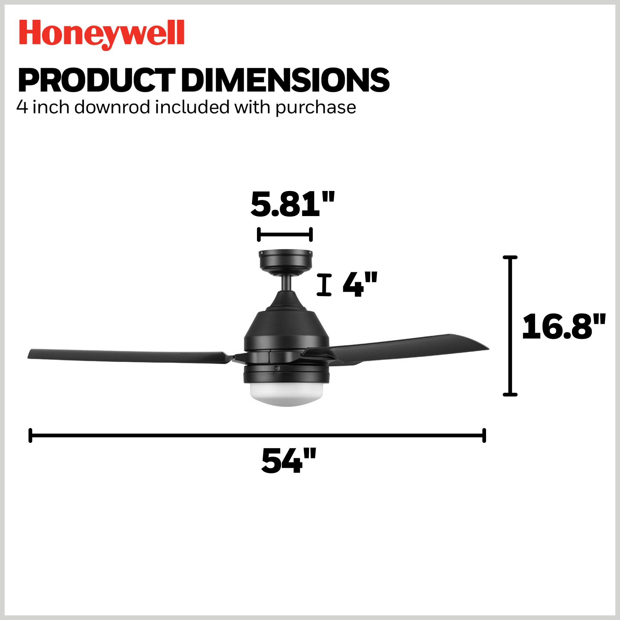 54 Inch Honeywell Port Isle Matte Black Ceiling Fan with Light Kit and Remote Control - Perfect for Living Room, Bedroom, and Outdoor Patio Cooling
