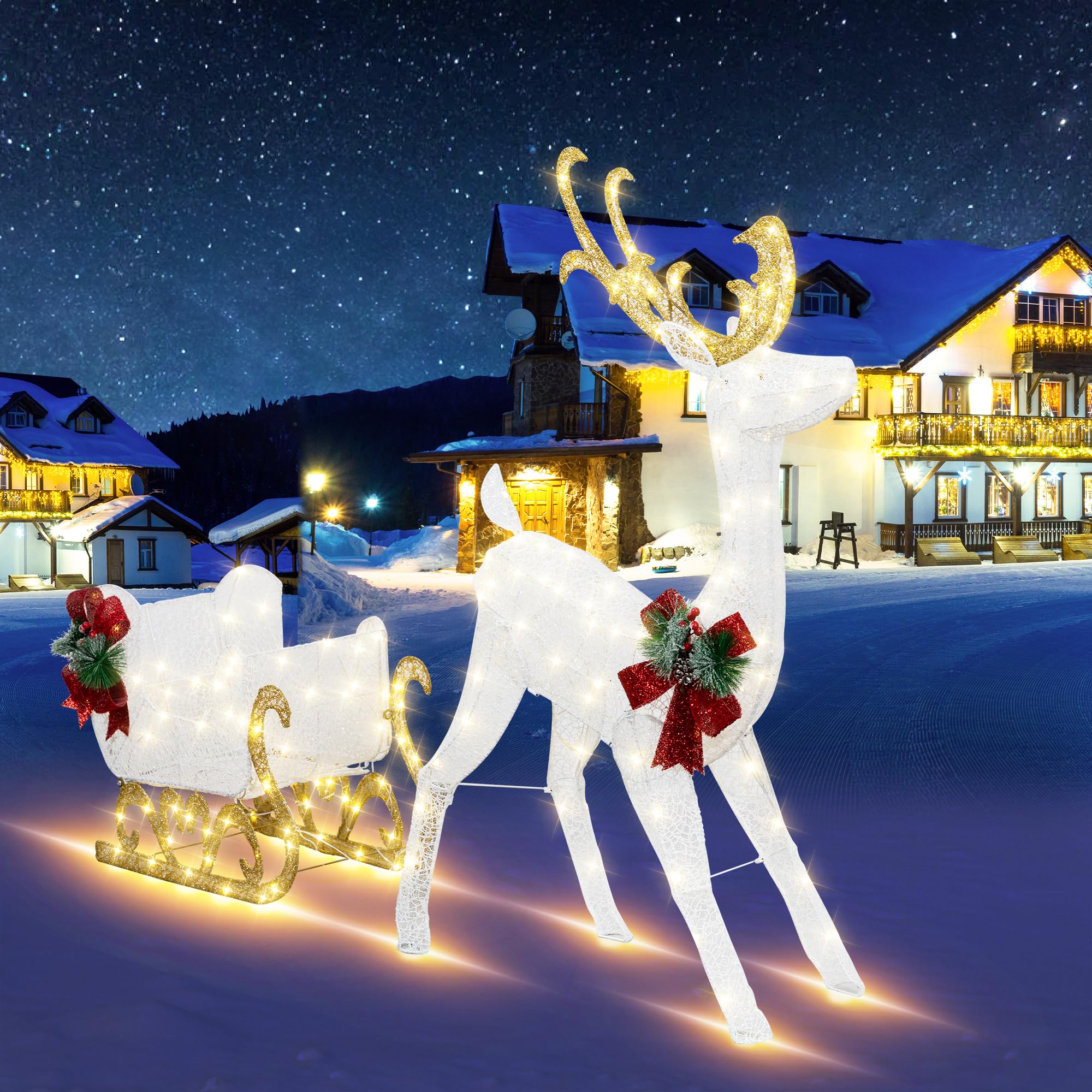 White Reindeer and Santa's Sleigh Christmas Decor with Pre-Strung LED Lights & Ground Stakes - Outdoor Holiday Yard Decoration for Festive Home Decor