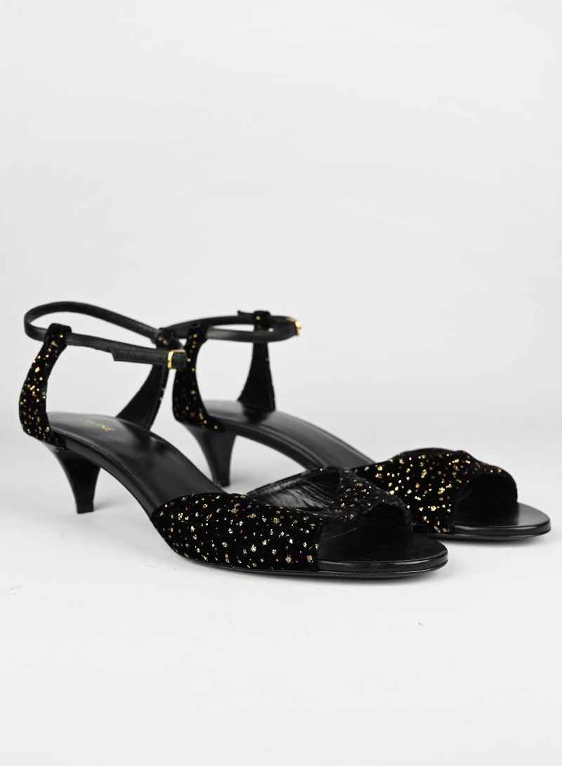 Celine Black Velvet Sandals Size 37.5 - Elegant Women's Dress Sandals for Parties, Weddings & Evening Events