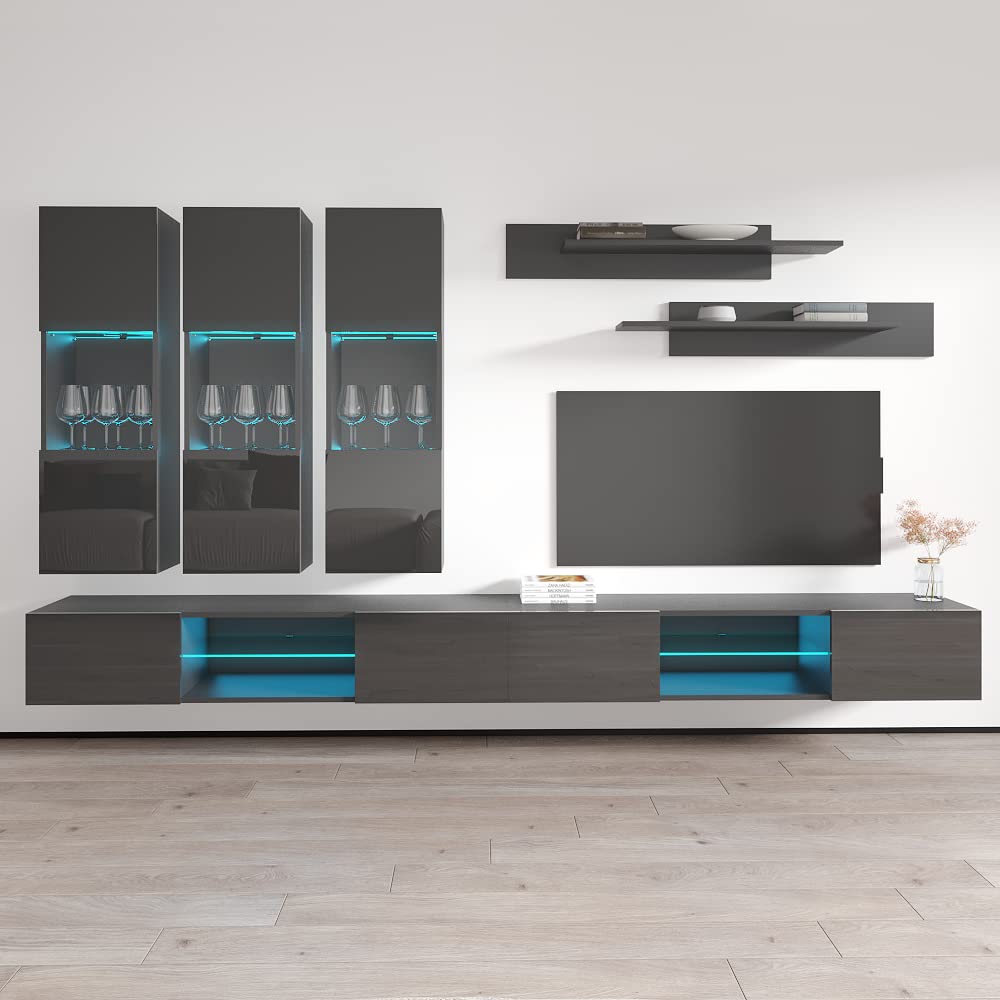 Modern Gray Wall-Mounted TV Stand with Storage Shelves & LED Lights - Meble Fly E33 Entertainment Center Console for Bedroom & Living Room - Perfect for Small Spaces, Home Theater Setup & Stylish Media Organization