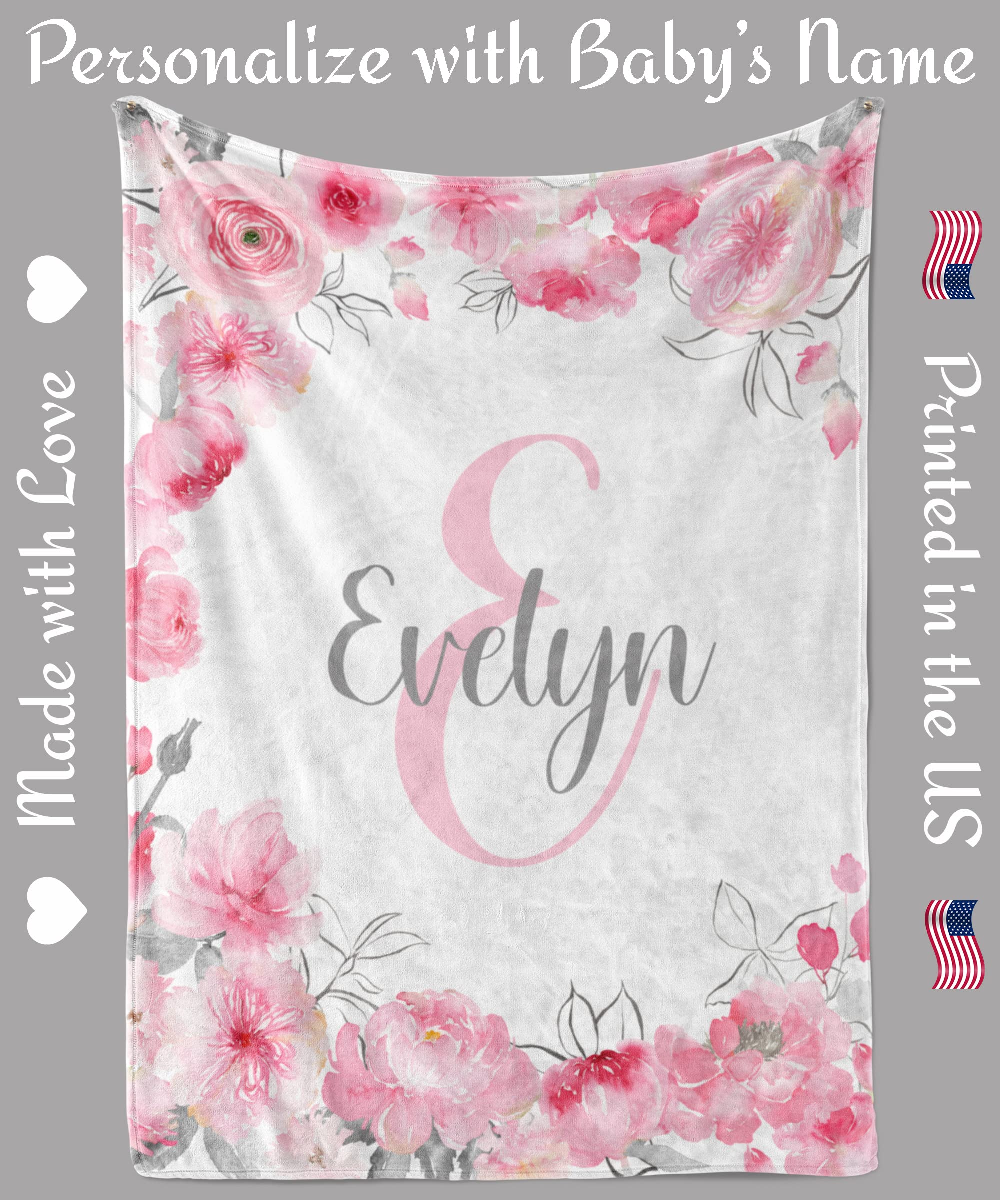 Custom Personalized Baby Blankets for Girls with Name - Pink & Gray Floral Monogram Blanket - Unique Baby Shower Gift for Newborn Girls | Nursery Decor, Christening Present, First Birthday Keepsake