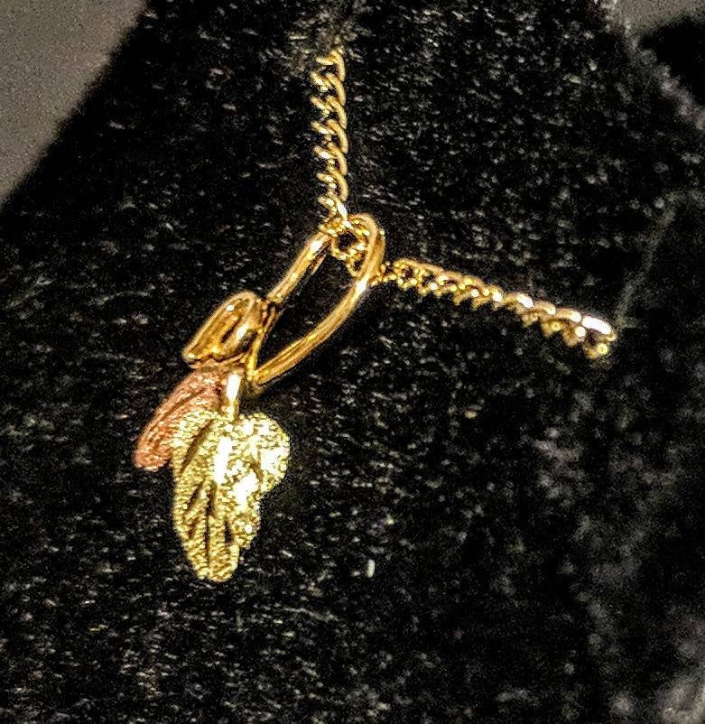 10kt Solid Gold Three-Tone Two Leaf Pendant with Red & Green Enamel - Includes 18