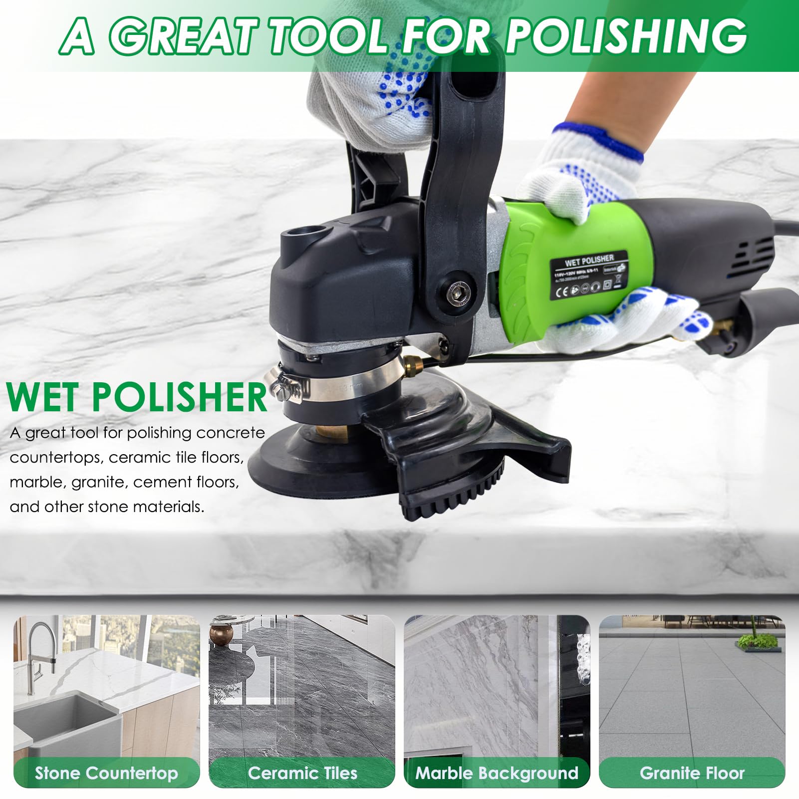 800W 4-Inch Electric Wet Stone Polisher - Variable Speed Grinder & Buffing Machine with 7PCS Diamond Polishing Pads - Perfect for Granite, Tile, Concrete Countertops & Floors - Ideal for Home Renovation, DIY Projects & Professional Surface Polishing