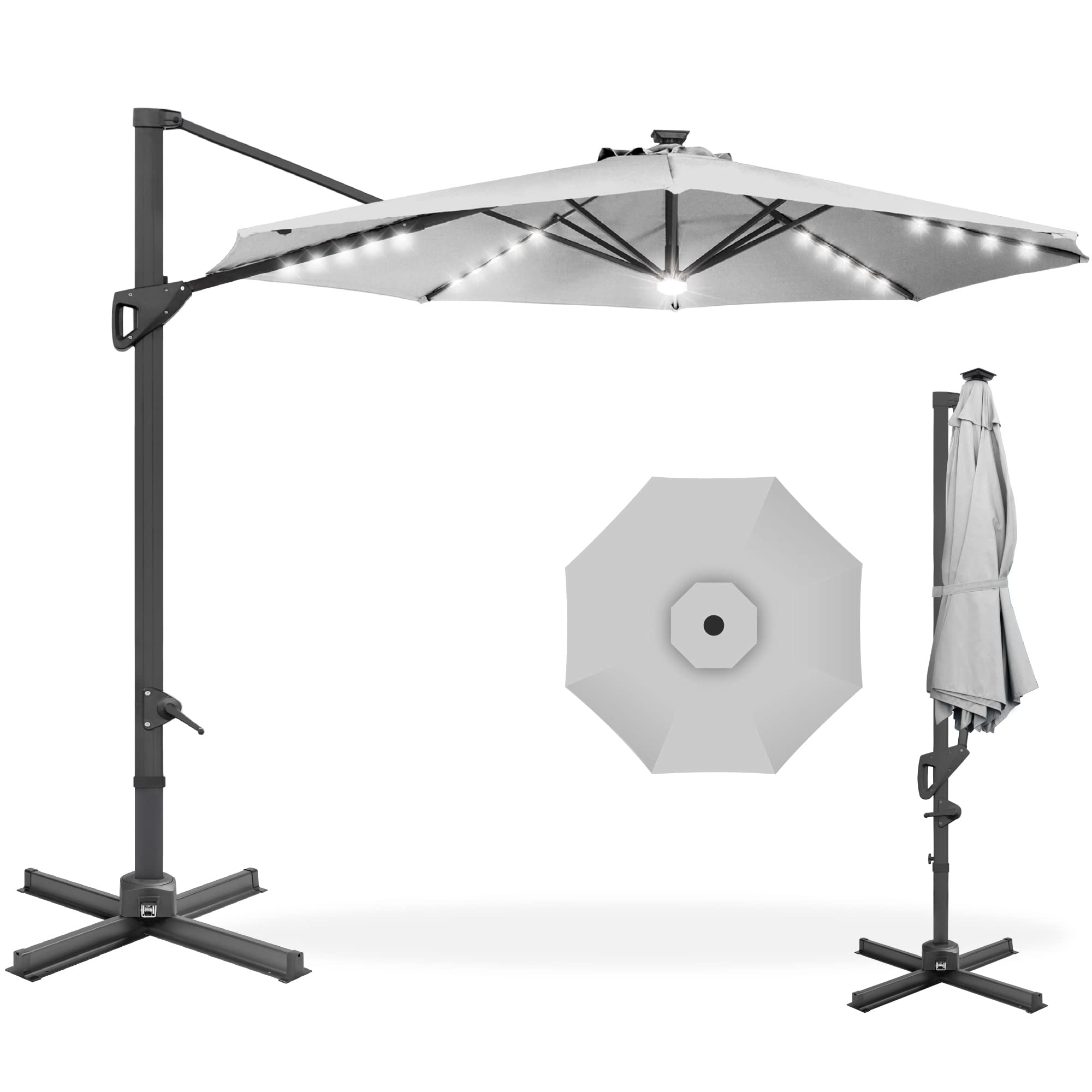 Best Choice Products 10ft Solar LED Cantilever Patio Umbrella - 360° Rotating Hanging Offset Outdoor Sun Shade with Lights for Backyard, Deck, Poolside - Easy Tilt & Cross Base - Perfect for Outdoor Dining, Lounging and Summer Entertaining