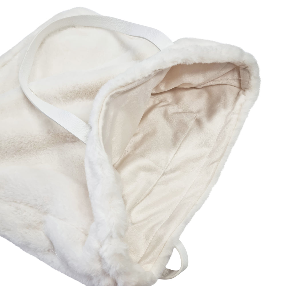 Layla Faux Fur Tote Bag 38x38cm (15x15 Inches) Ivory - Stylish Women's Shoulder Bag for Work, Shopping & Travel Accessories