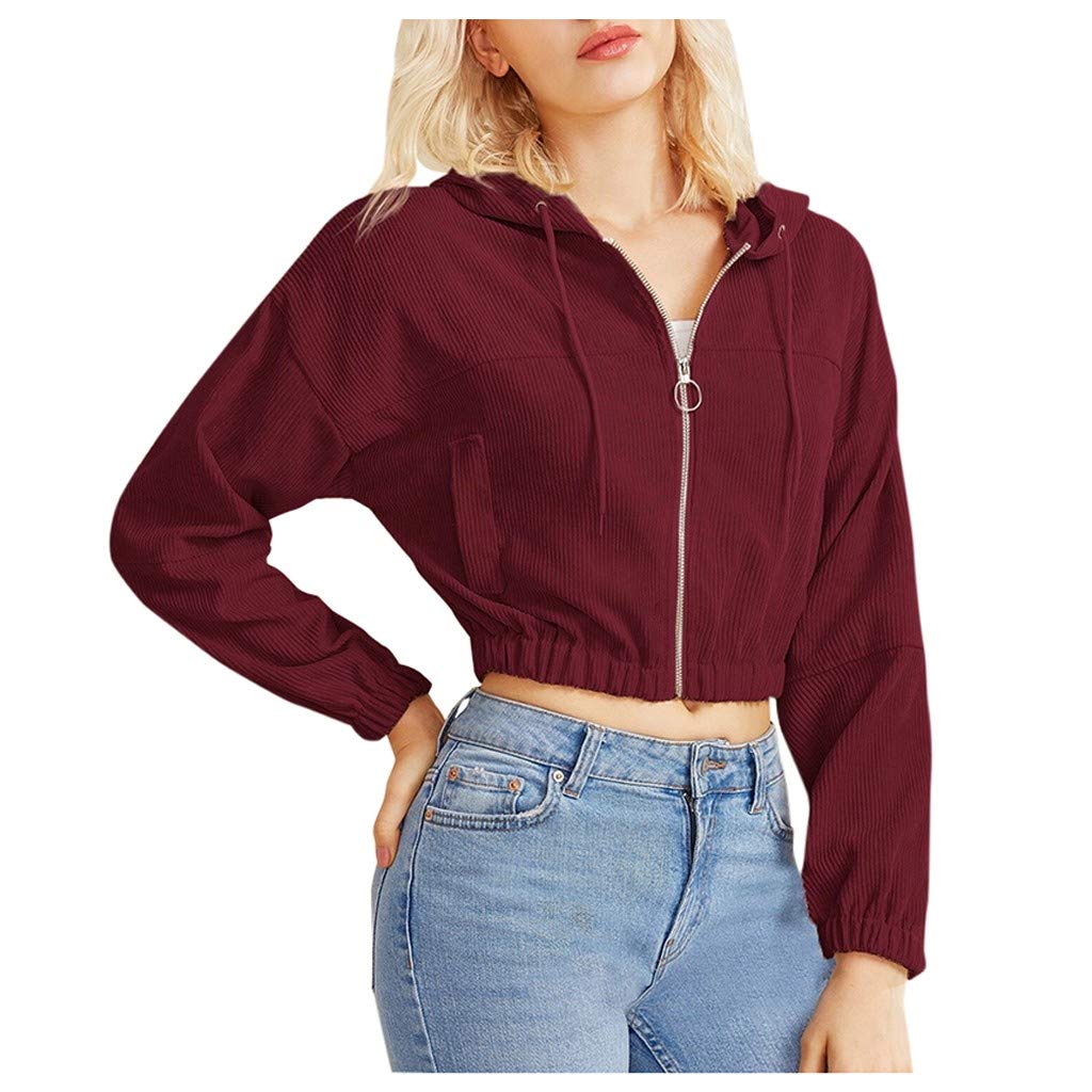 Women's Winter Zip-Up Corduroy Hoodie - Casual Cropped Hooded Sweatshirt with Pocket | Warm Fleece Lined Jacket for Outdoor Activities, Streetwear & Layering
