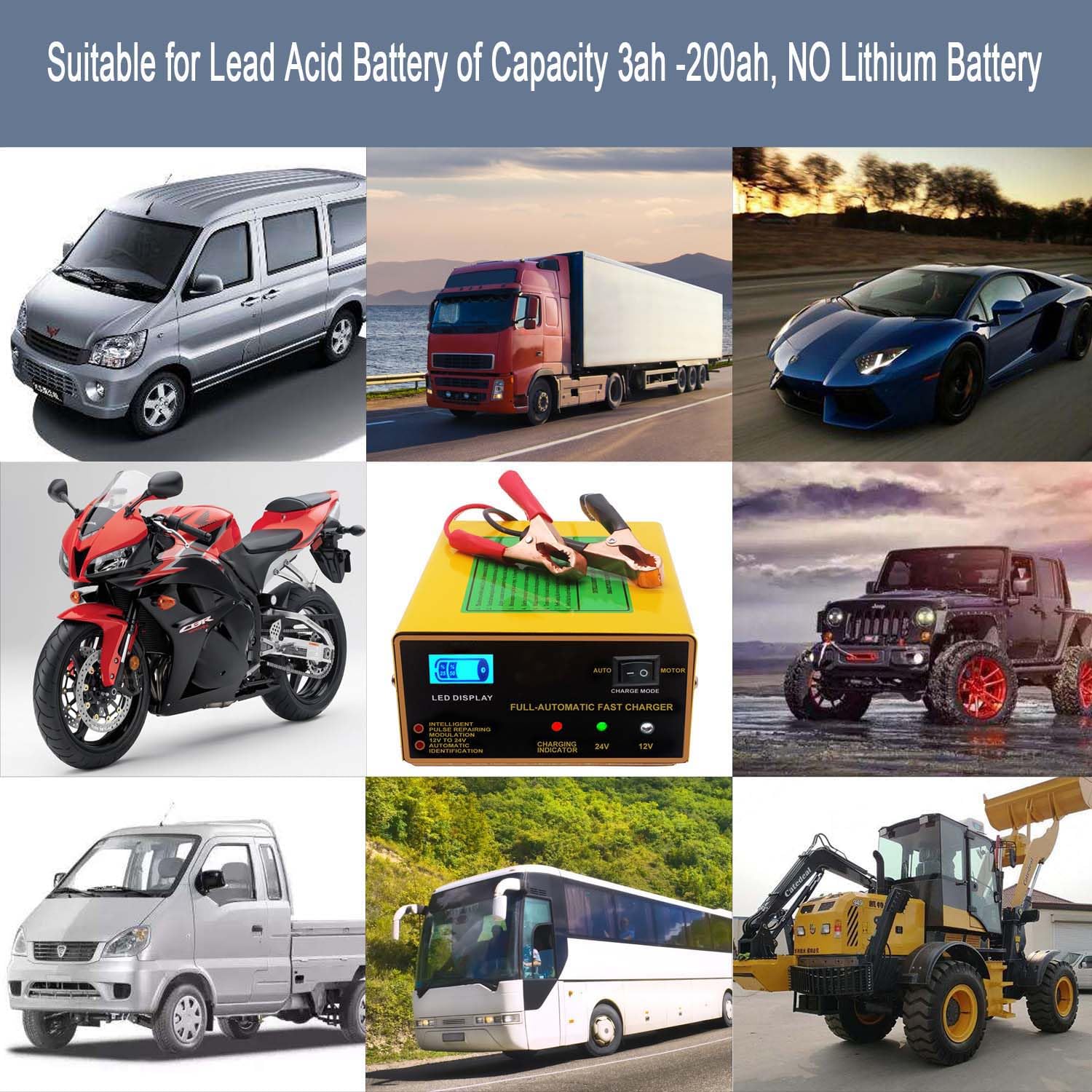 12V 24V Smart Battery Charger for Lead Acid Batteries - 250W 10A Trickle Charger & Maintainer with LED Display - Perfect for Cars, Boats, Motorcycles & RV Battery Maintenance