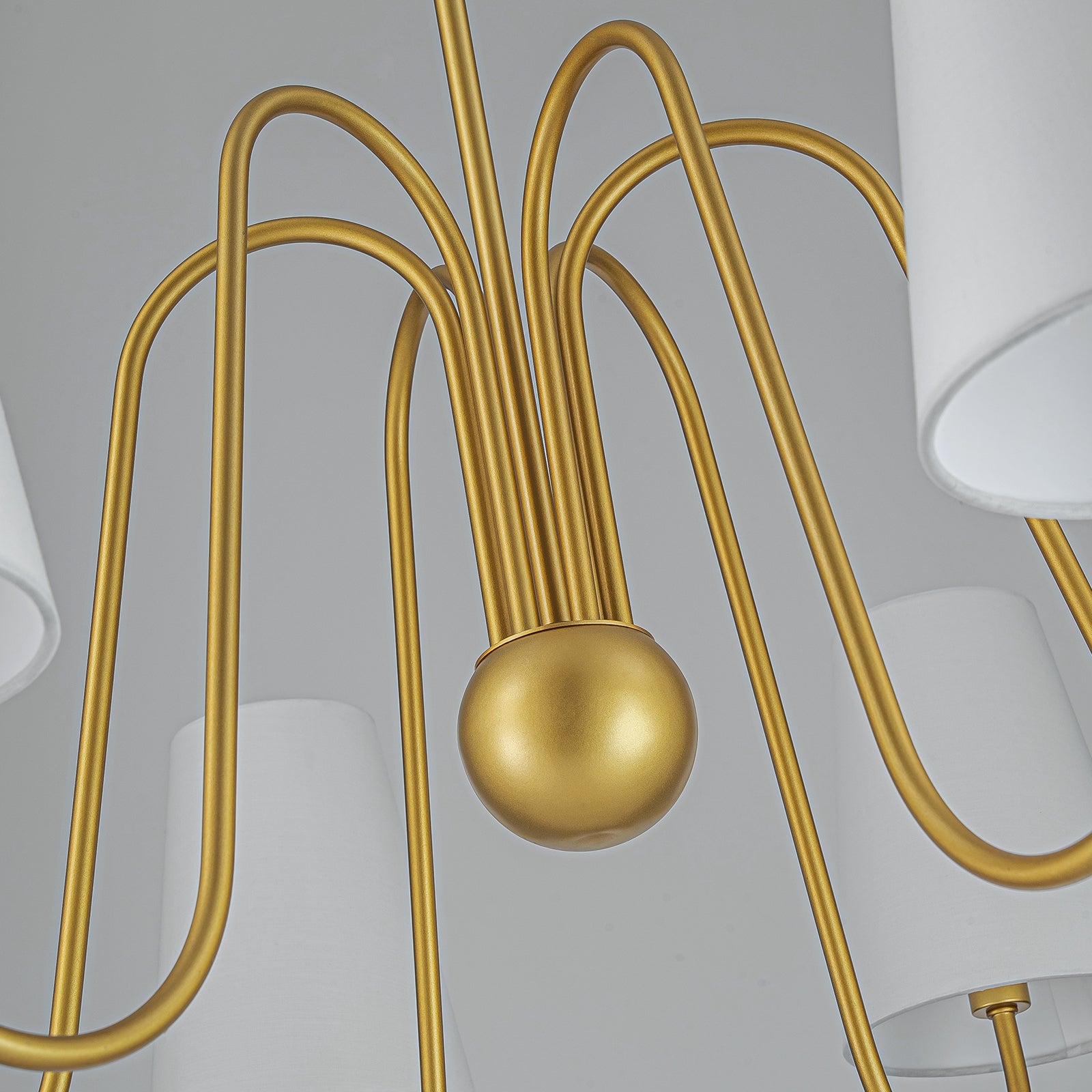 Vintage Mid-Century Modern 6-Light Brass Chandelier with White Fabric Shades - 33