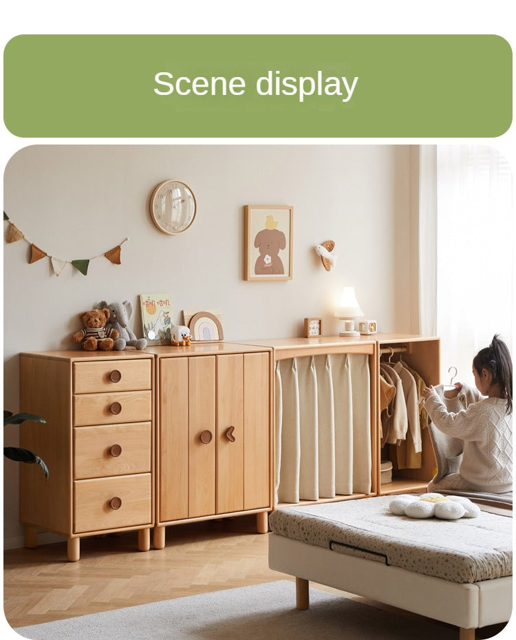 Solid Wood Beech & Rubber Kids Wardrobe - Multi-Functional Storage Cabinet for Bedroom, Nursery, and Playroom Organization