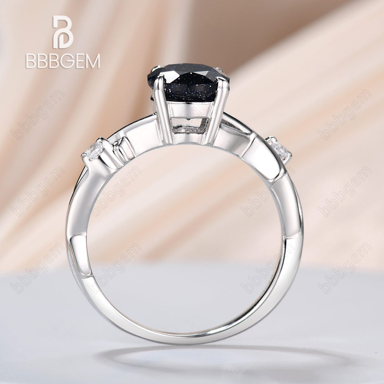 925 Sterling Silver Round Natural Blue Sandstone Ring - White Gold Plated Petite Twisted Willow Galaxy Engagement Ring for Women | Wedding, Anniversary, Gift, Boho Jewelry