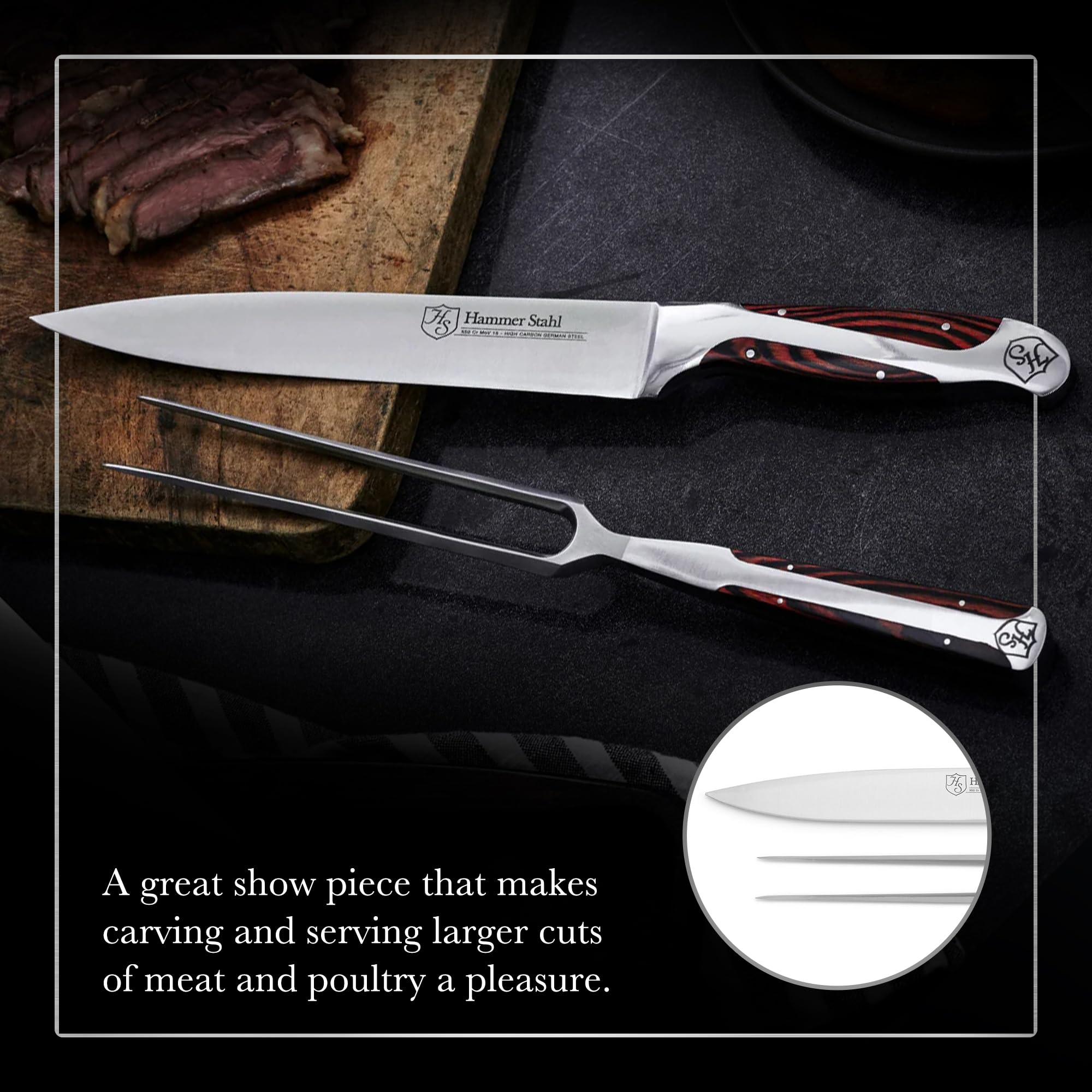 Premium German Forged High Carbon Stainless Steel Carving Knife and Fork Set - Professional Meat Carving Tools with Ergonomic Pakkawood Handle for Roast Beef, Turkey, Ham & Holiday Dinners