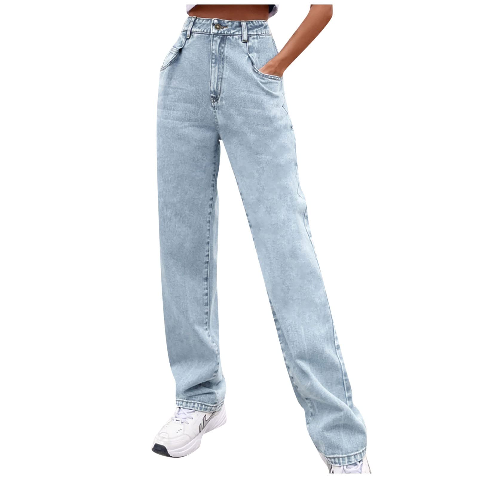 Women's High Waist Washed Denim Wide Leg Pants - Casual Solid Color Jeans for Everyday Wear, Office & Weekend Outfits