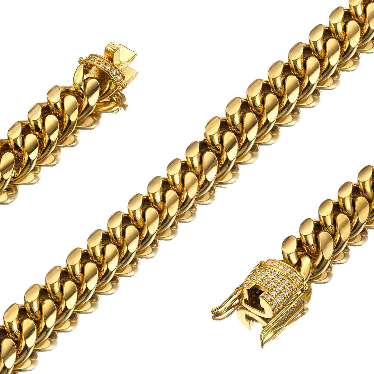 10mm Miami Cuban Link Chain 18K Gold Plated Stainless Steel Necklace for Men & Women | Curb Chain with CZ Diamonds | Durable Solid Chain for Everyday Wear, Parties & Gifts