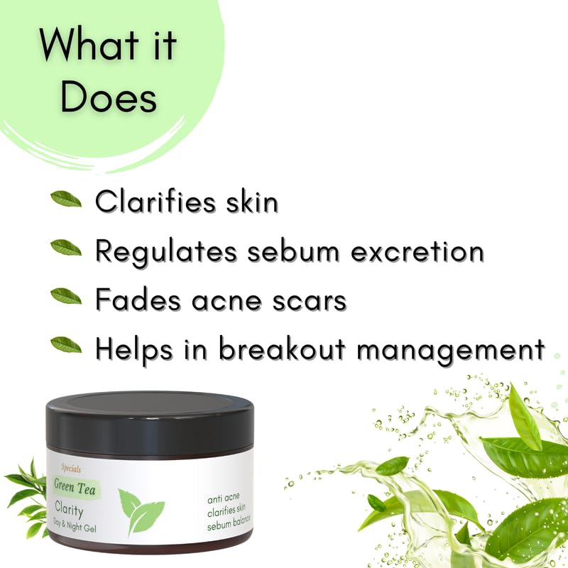 Mystiq Living Green Tea Clarity Gel Cream with 2% Salicylic Acid for Acne Treatment, Pimple & Scar Removal - 50g | Oil-Free Moisturizer for Oily & Acne-Prone Skin | Day & Night Clarifying Gel | Perfect for Daily Skincare Routine & Post-Breakout Recovery
