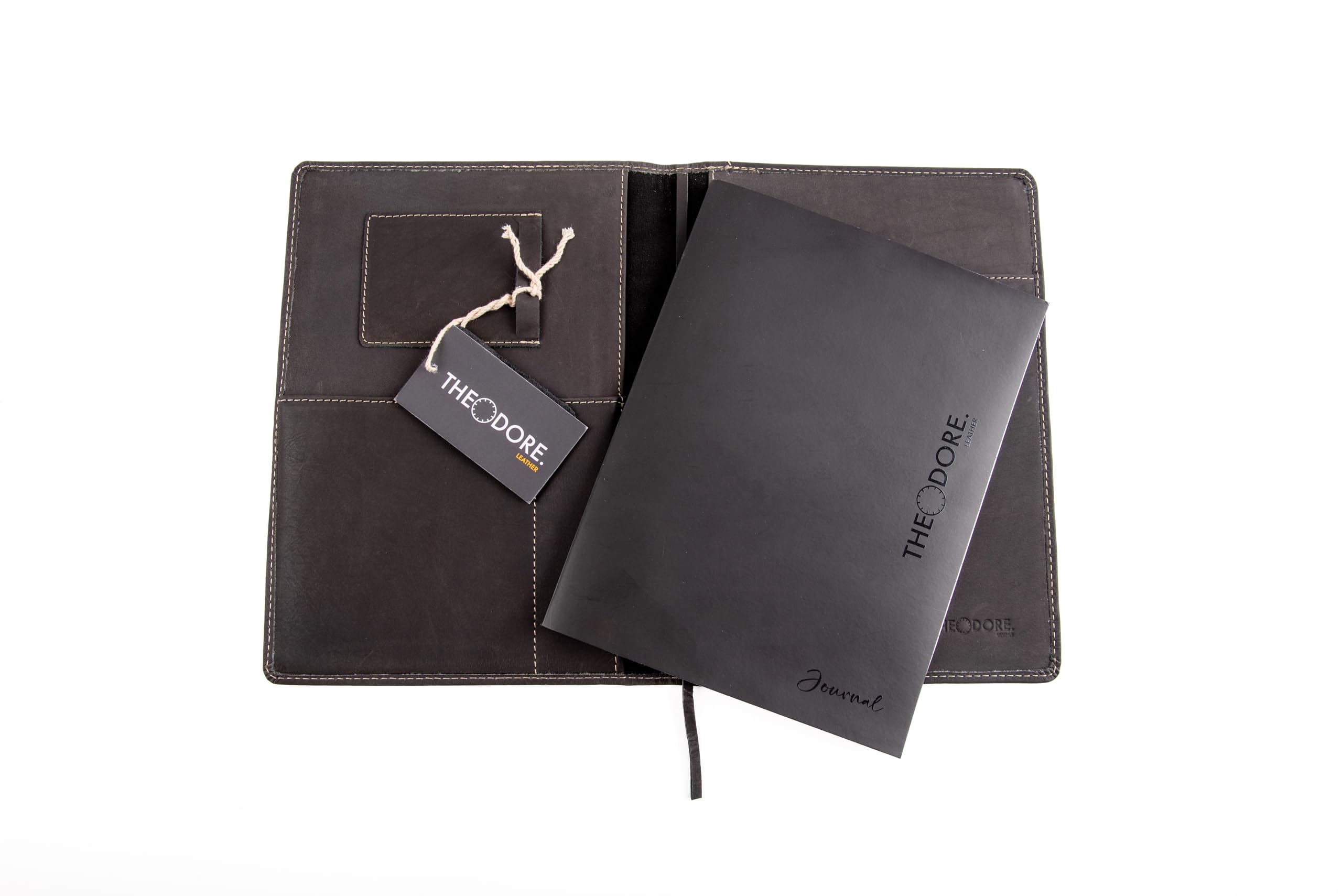 Premium Theodore Black Leather Notebook Cover 7.8 x 10.8 Inch - Professional Journal Organizer with Tablet Pocket, Phone Holder, Business Card Slots & Pen Loop - Fits Moleskine XL Notebooks - Perfect for Business Meetings, Office Work & Travel Organization