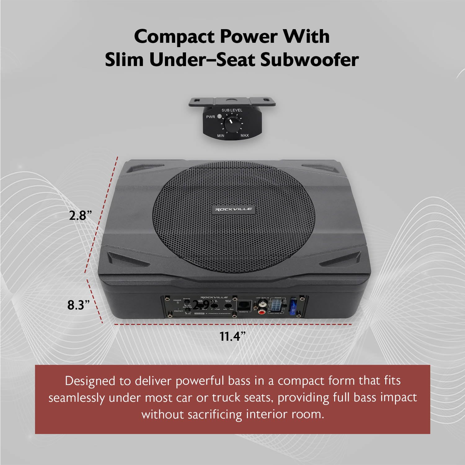 Rockville SS8P 400W 8-Inch Slim Active Powered Under-Seat Car Subwoofer for Truck & SUV - Deep Bass Audio Upgrade for Music & Movies on the Go