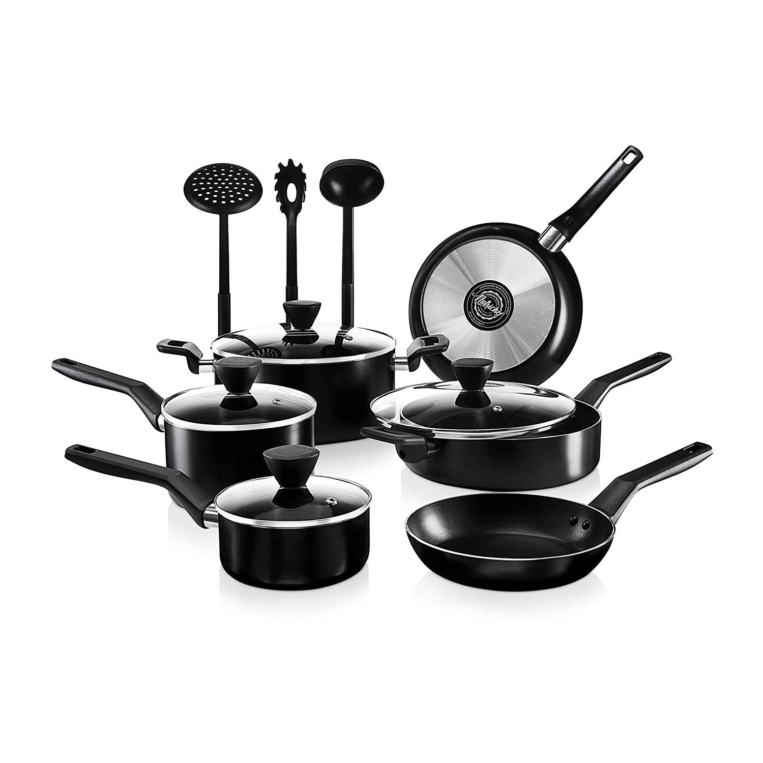 NutriChef 26-Piece Aluminum Nonstick Cookware Set with Lids & Utensils - Black Pots & Pans for Home Cooking | Perfect for Family Meals, Baking & Everyday Kitchen Use