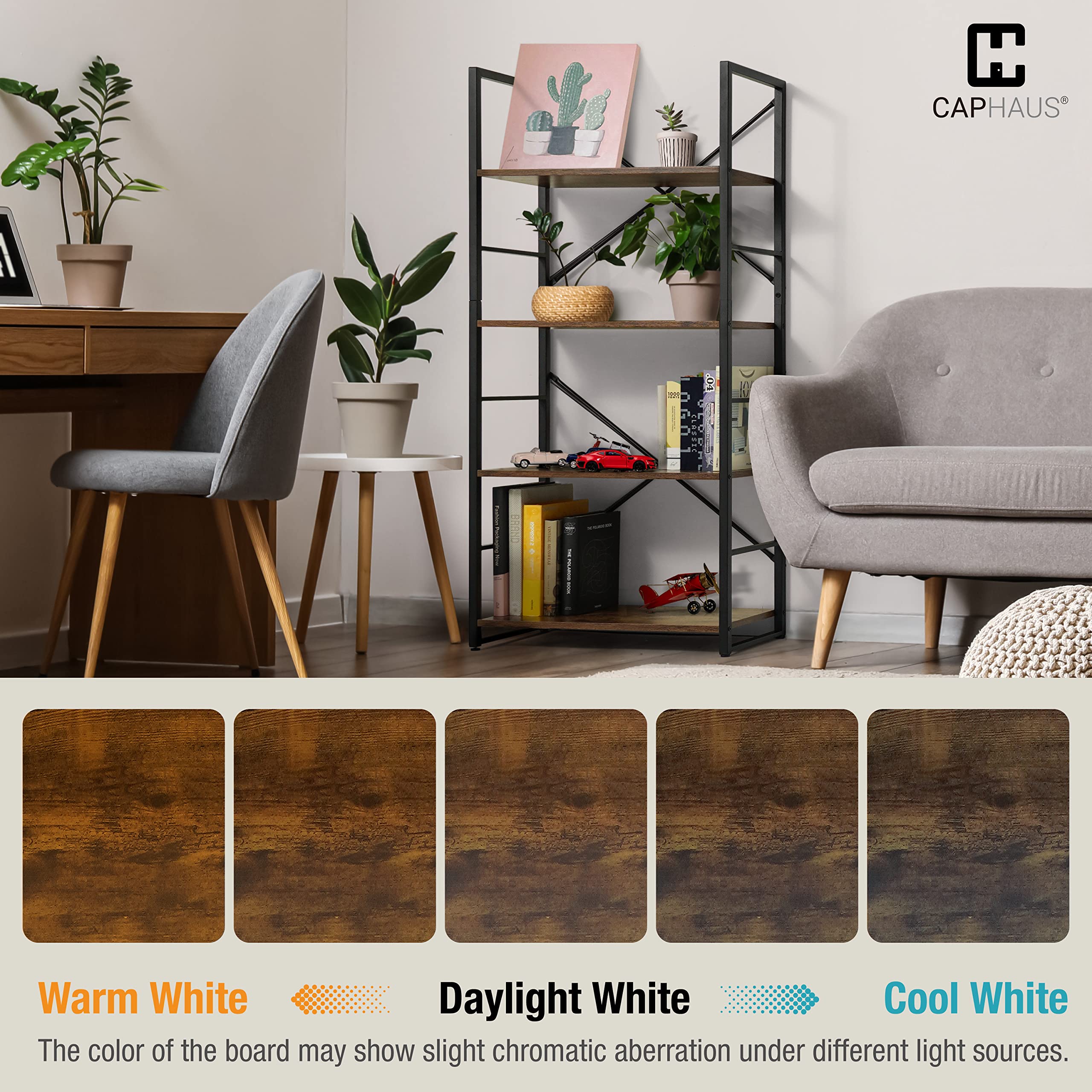 CAPHAUS 4 Tier Bookshelf - 24 Inch Wide Free Standing Bookcase with Metal Frame & Rustic Oak Finish | Home Office, Living Room, Kitchen Storage Organizer | Perfect for Storing Books, Decor & Essentials in Modern Farmhouse Style