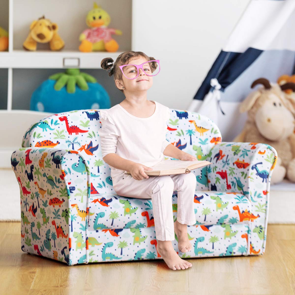 Costzon Kids Couch - Double Seat Children's Sofa with Dinosaur Pattern, Soft & Comfortable Toddler Armchair with Back Support, Easy to Move, Perfect for Bedroom & Living Room - Ideal Gift for Preschool Boys & Girls (Great for Playtime, Reading Nook & Nap Time)