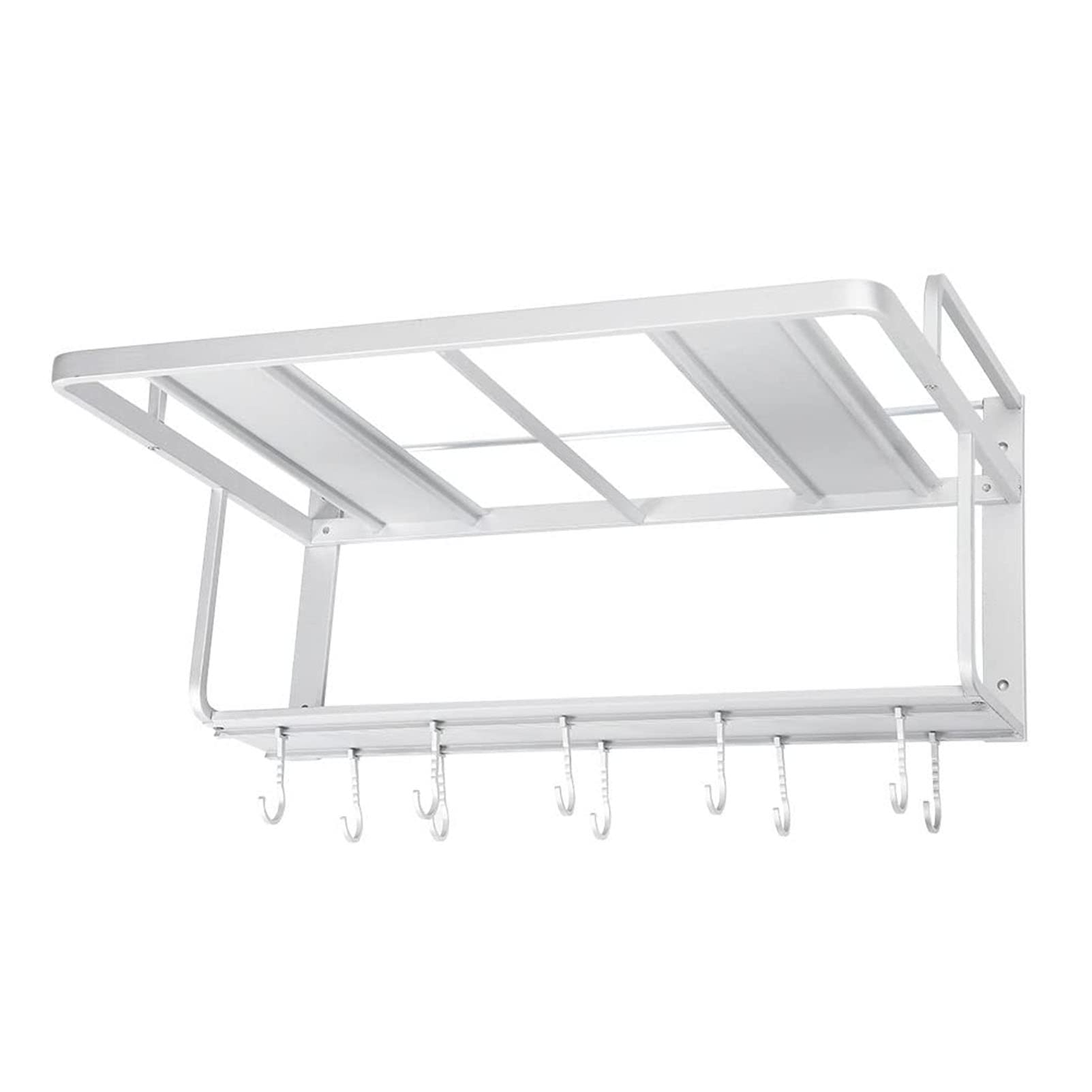 Double Layer Microwave Shelf - Wall Mounted Kitchen Storage Organizer with 10 Hooks for Pans, Pots, Knives & Spoons | Space Saving Kitchen Rack for Small Kitchens & Apartments