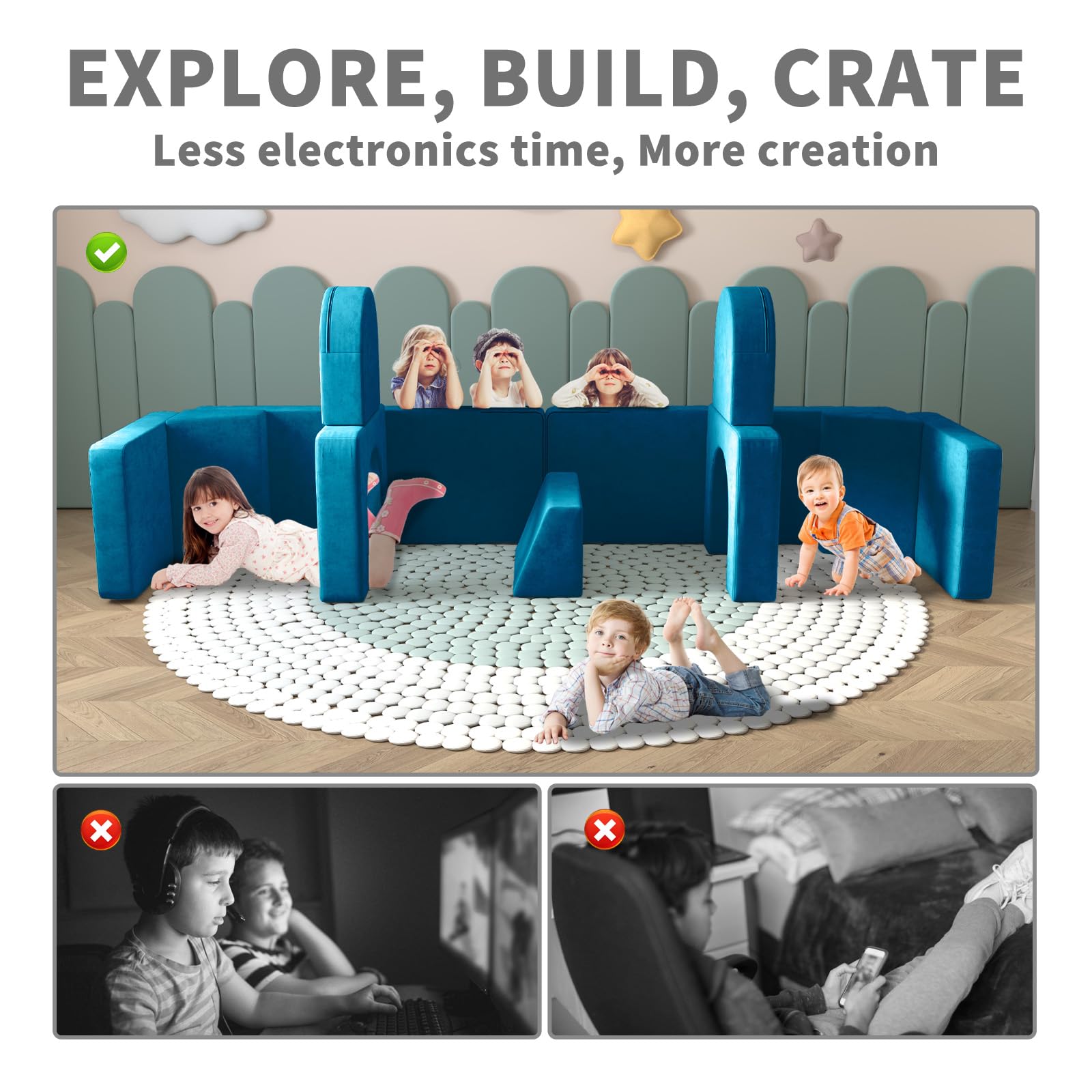 Wanan Kids Couch 12PCS - Modular Play Sofa for Playroom & Bedroom, 12-in-1 Multifunctional Toddler Sofa for Boys & Girls - Creative Play, Napping & Indoor Activities (Blue) | Perfect for Playdates, Reading Nooks & Cozy Movie Nights