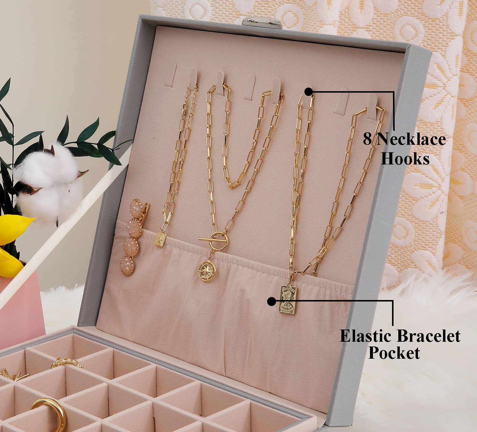 Misaya 50-Slot Jewelry Organizer Box for Women - Earring Holder for Rings & Necklaces - Perfect Gift for Mom (Grey) - Ideal for Travel, Home Storage & Jewelry Display