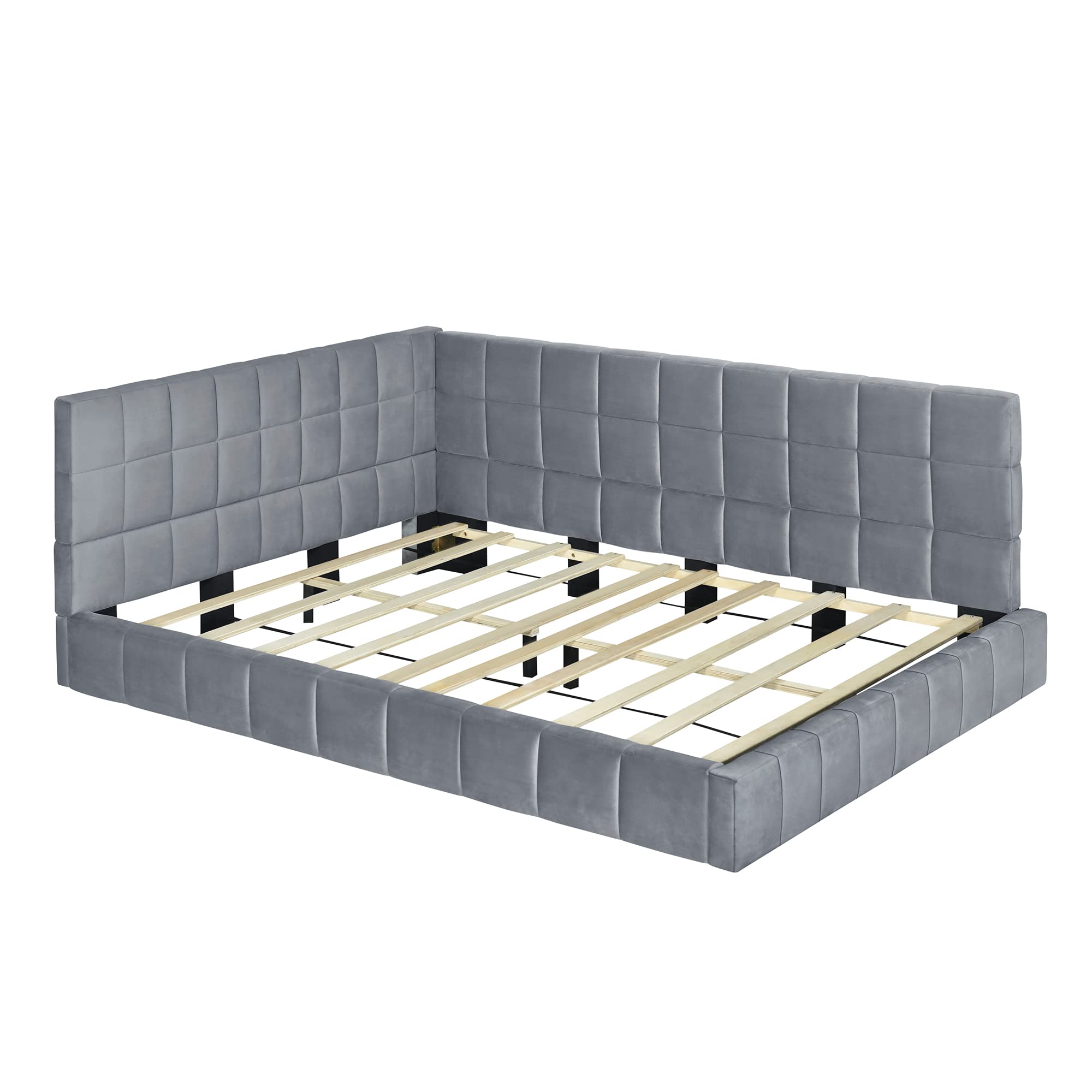 Grounded Daybed Upholstered Sofa Bed with Lattice Design - Full Size Wooden Frame Convertible Sleeper for Living Room, Guest Room & Bedroom - Soft Velvet Fabric in Gray (Kids & Adults Friendly)