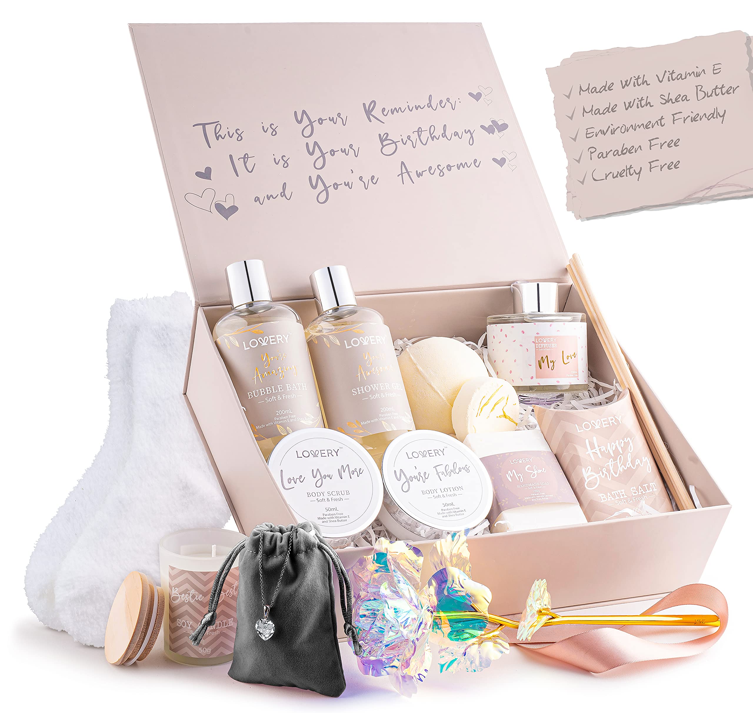 Luxury Birthday Spa Gift Box for Women - Vitamin E Bath Essentials, Aromatherapy Diffuser, Scented Candle & Sterling Silver CZ Heart Necklace - Perfect Birthday Gifts for Her, Mother's Day or Anniversary - Relaxing Self-Care & Pampering Gift Set