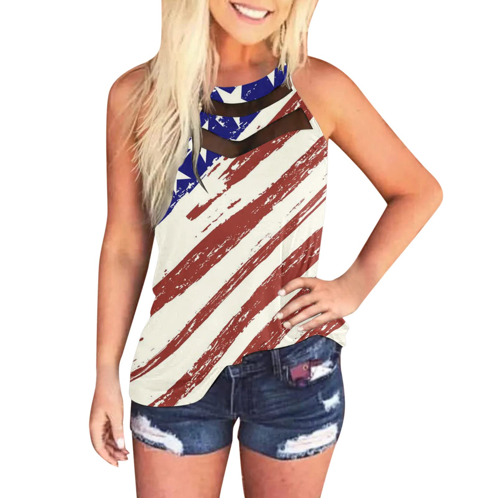 Women's Summer Casual American Flag Print Mesh Halter Top - 100% Polyester Loose Blouse for Women | Perfect for Beach, Pool Party & 4th of July Celebrations